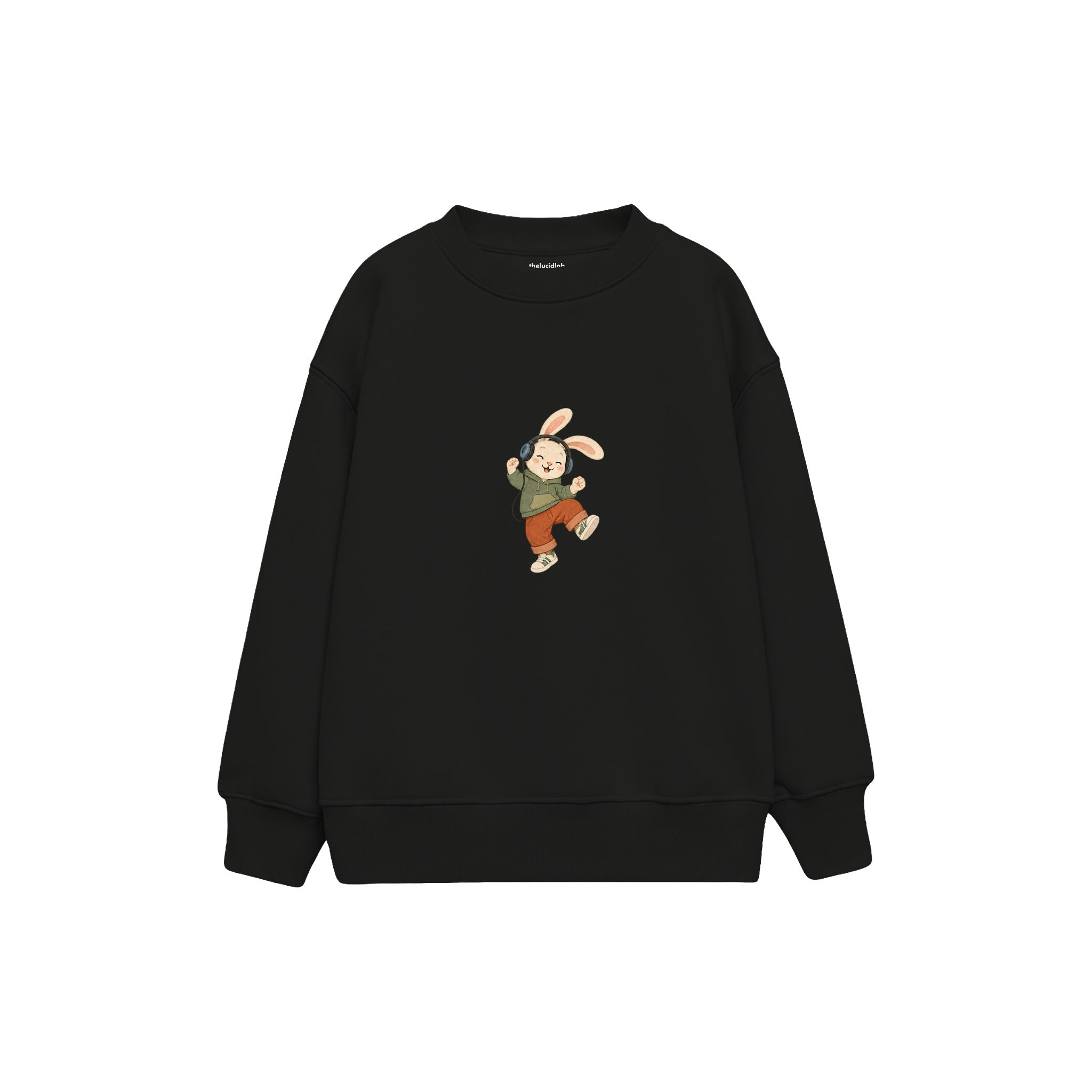 Rabbit dancing with headphones Çocuk Sweatshirt — Siyah — ön görünüm