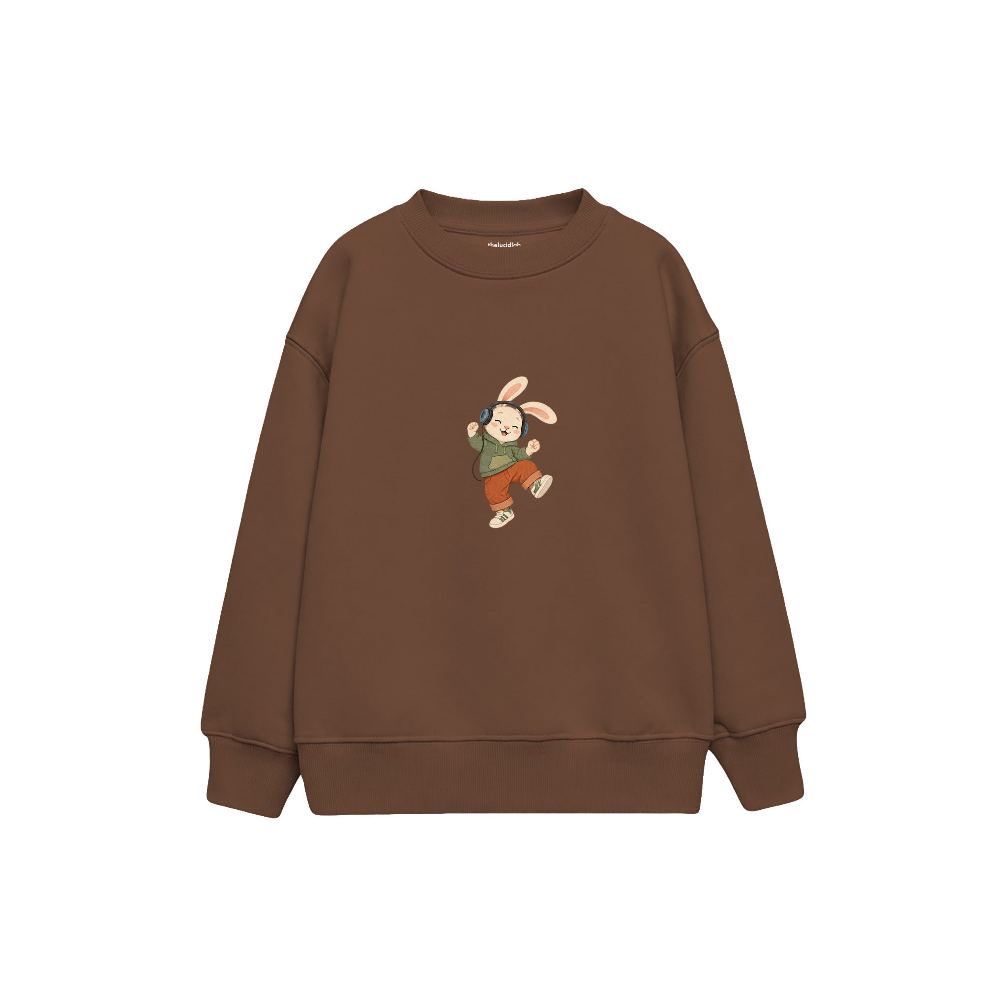 Rabbit dancing with headphones Çocuk Sweatshirt — Kahverengi — ön görünüm