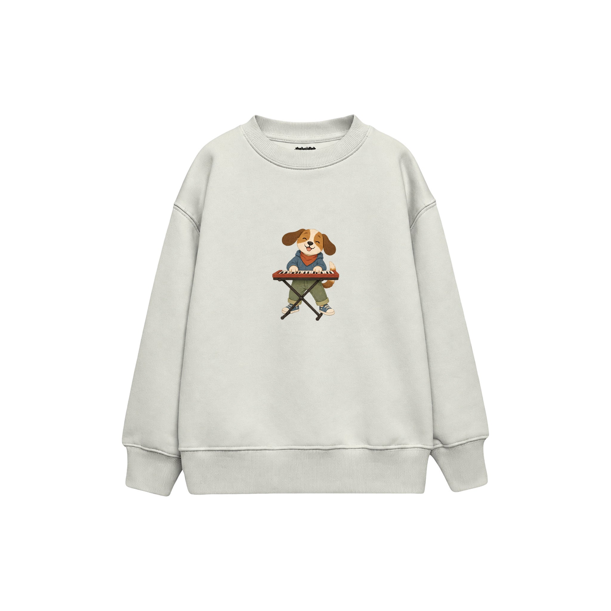 Dog playing a small keyboard Çocuk Sweatshirt — Beyaz — ön görünüm