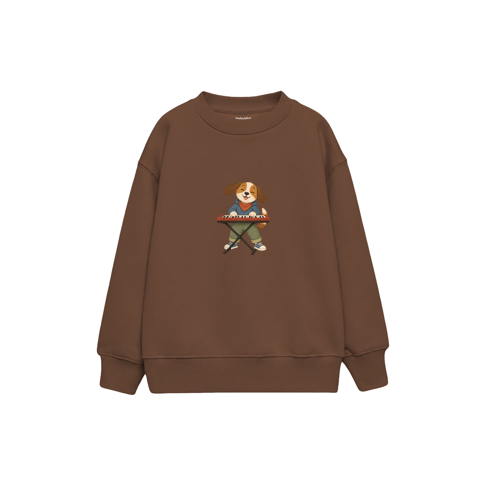 Dog playing a small keyboard Çocuk Sweatshirt — Kahverengi — ön görünüm