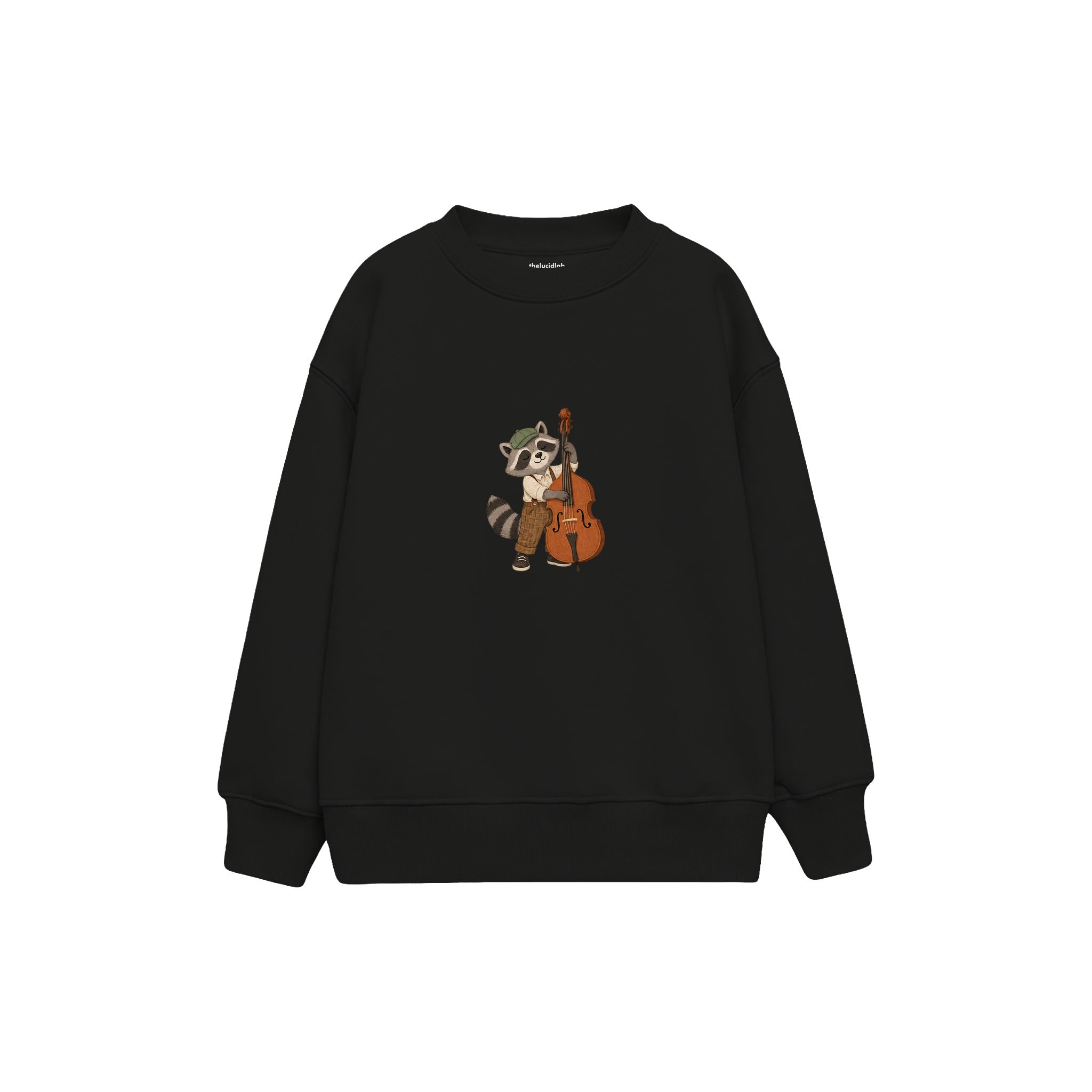 Raccoon playing a double bass Çocuk Sweatshirt — Siyah — ön görünüm