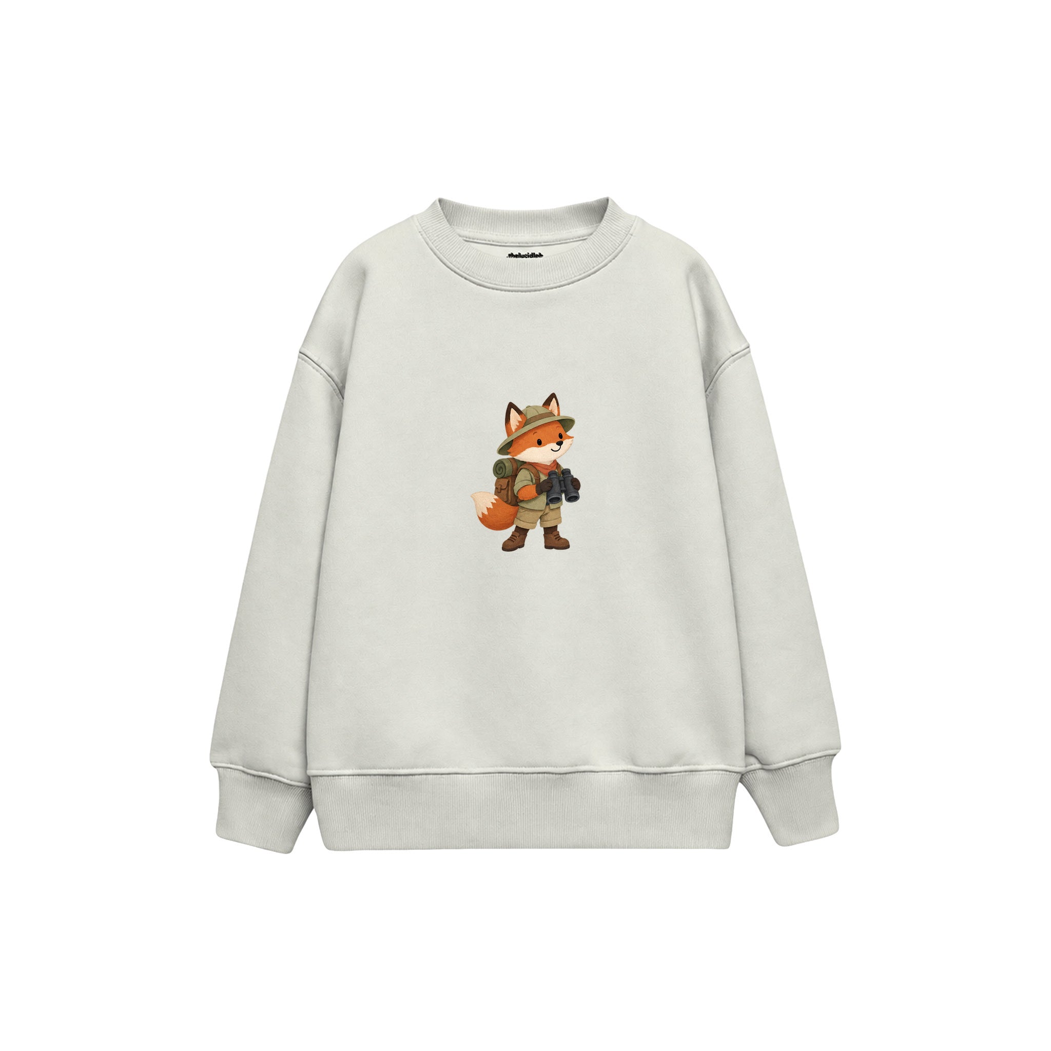 Fox with explorer backpack and binoculars Çocuk Sweatshirt — Beyaz — ön görünüm