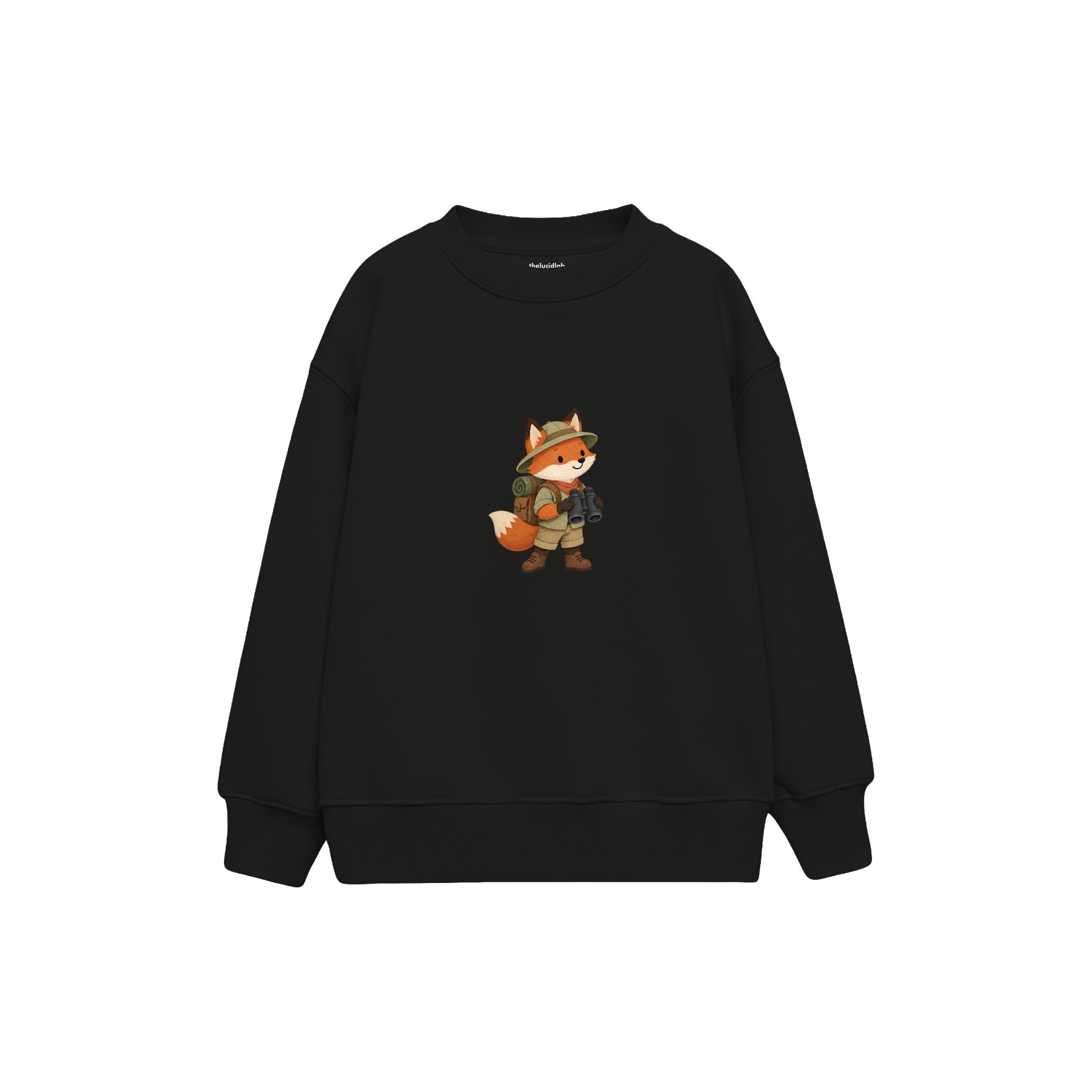Fox with explorer backpack and binoculars Çocuk Sweatshirt — Siyah — ön görünüm