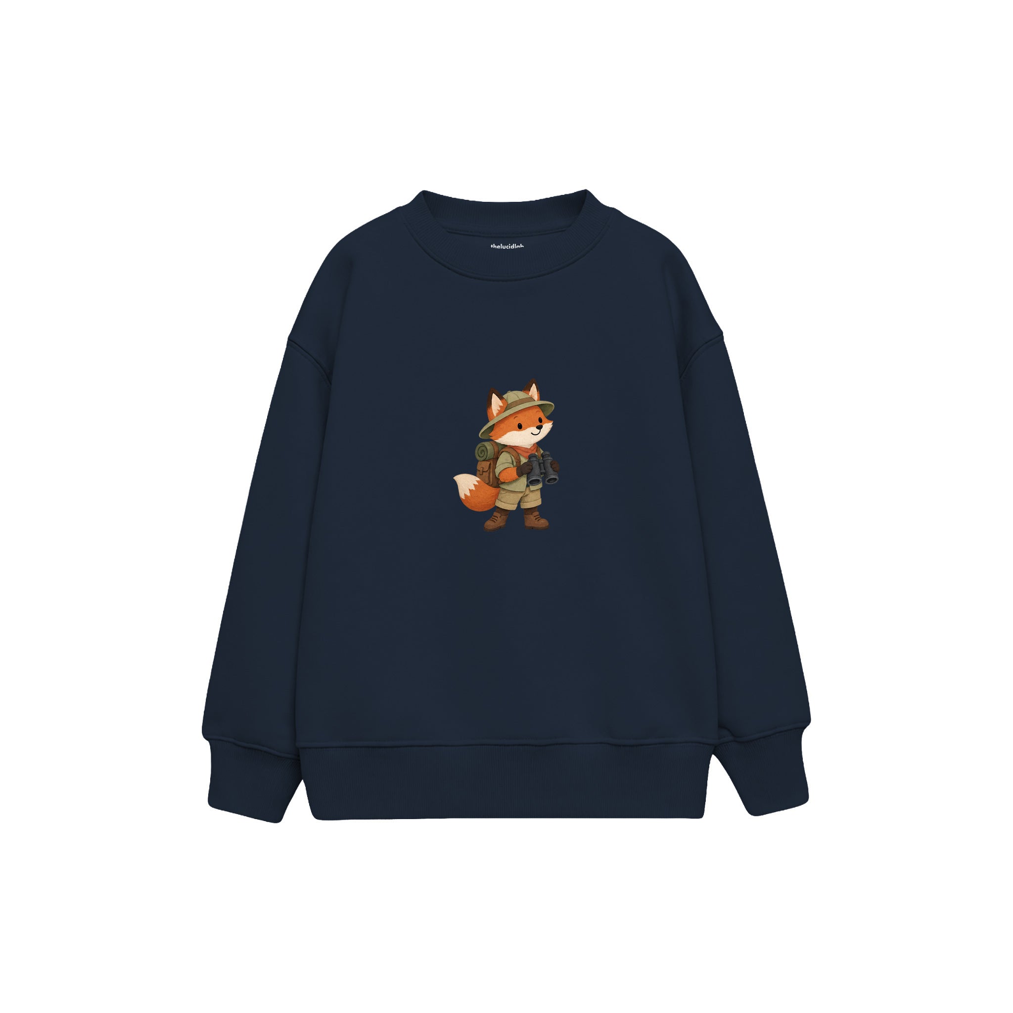 Fox with explorer backpack and binoculars Çocuk Sweatshirt — Lacivert — ön görünüm