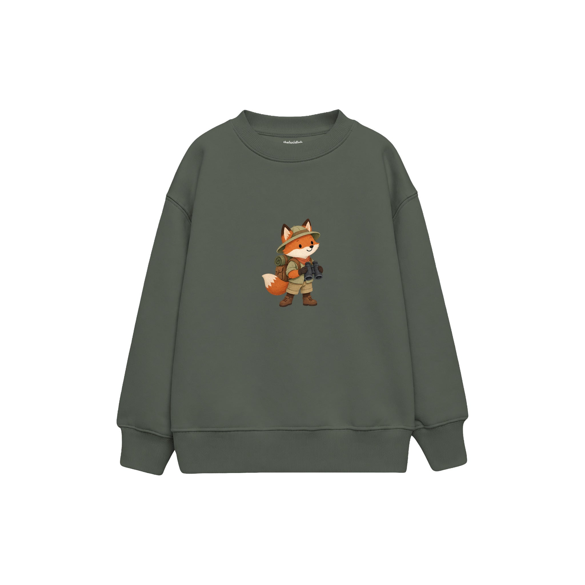 Fox with explorer backpack and binoculars Çocuk Sweatshirt — Antrasit — ön görünüm