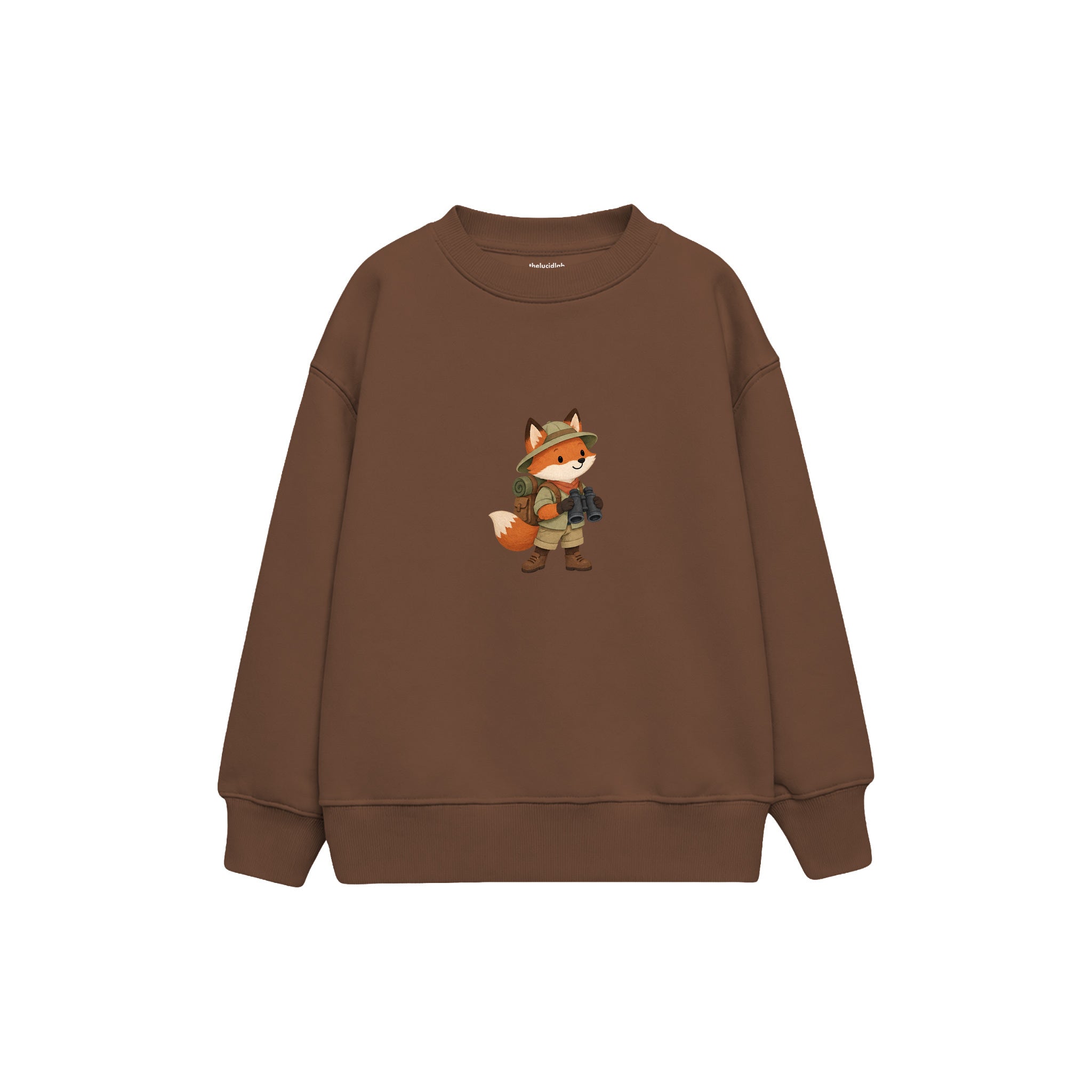 Fox with explorer backpack and binoculars Çocuk Sweatshirt — Kahverengi — ön görünüm