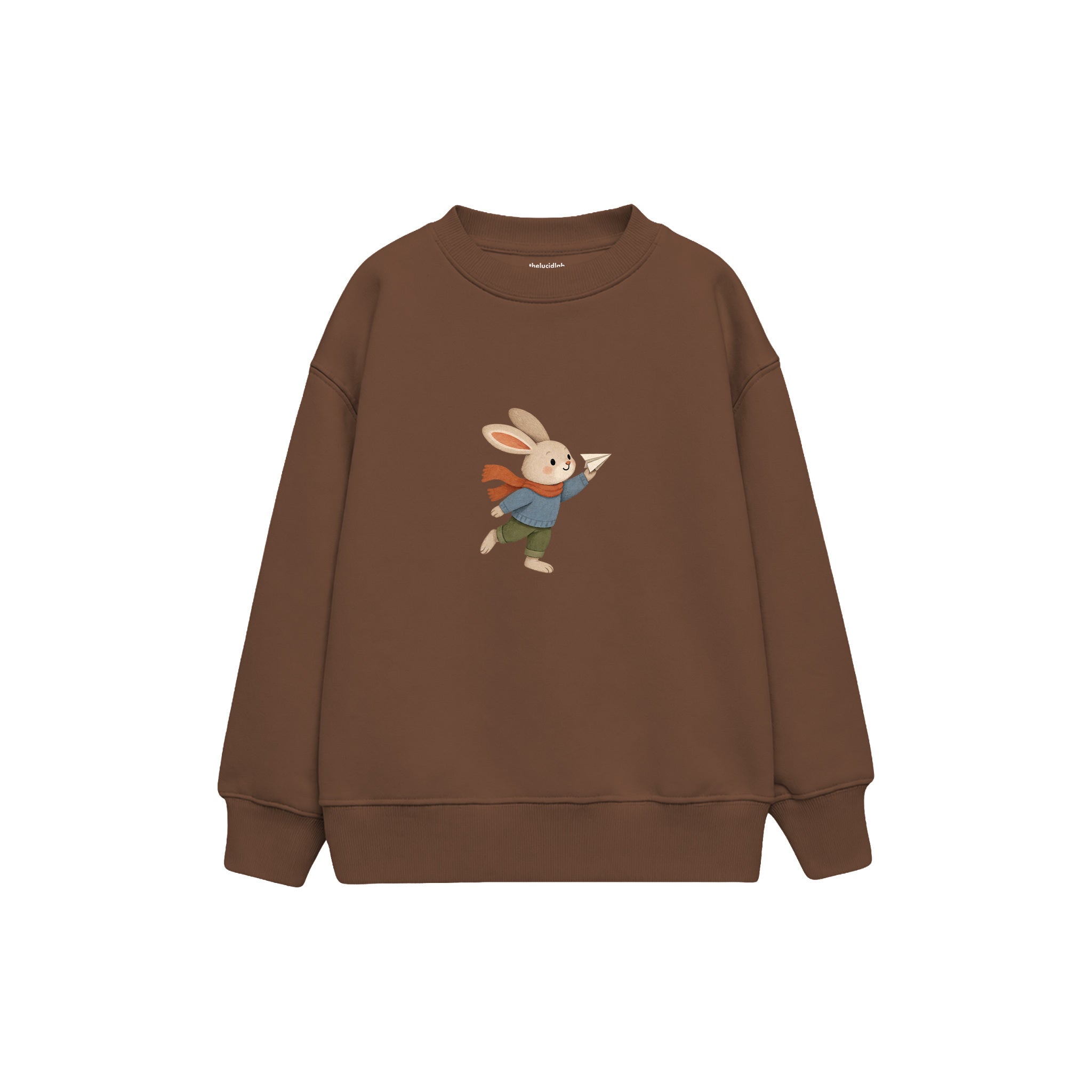 Rabbit flying a small paper plane Çocuk Sweatshirt — Kahverengi — ön görünüm