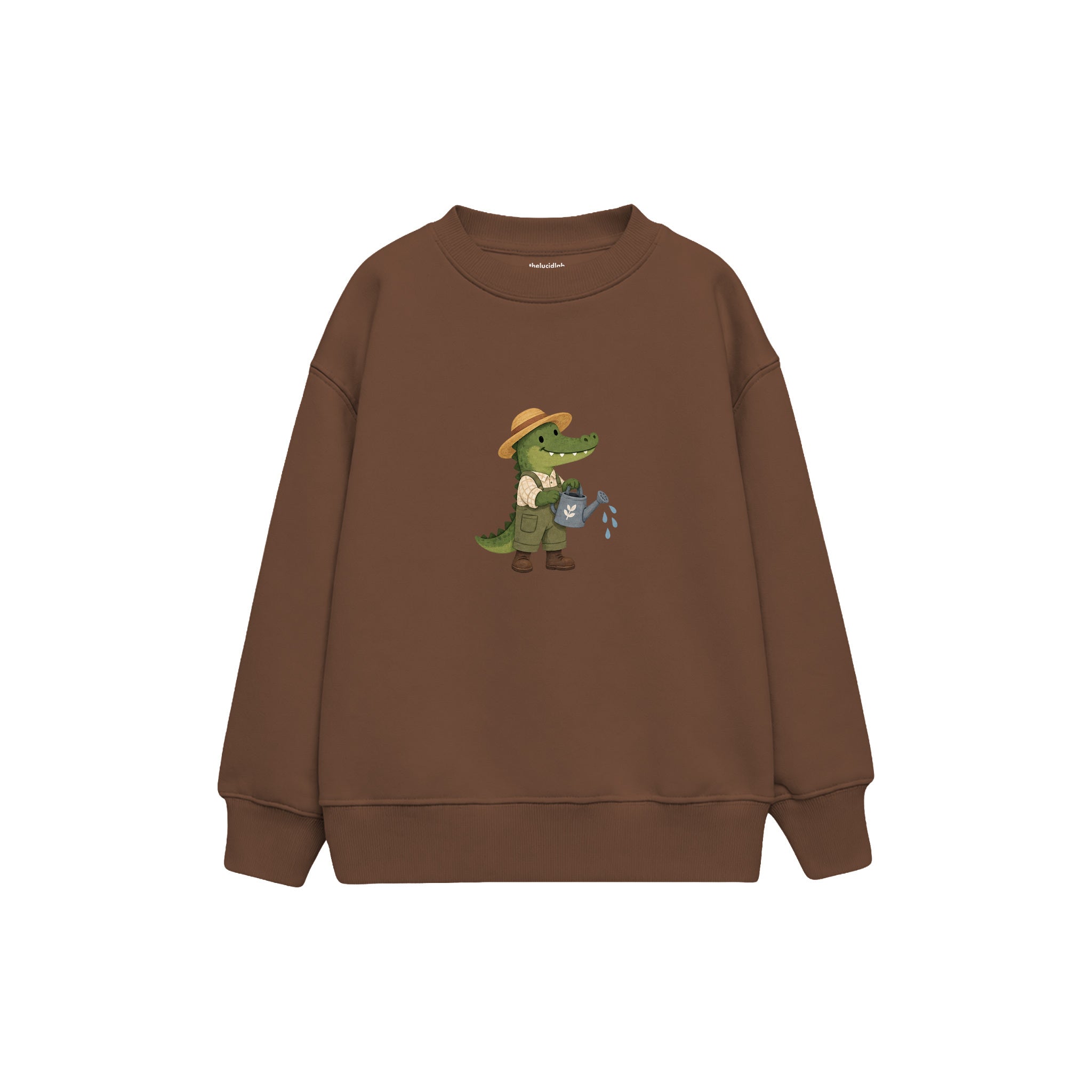 Crocodile gardener with a watering can Çocuk Sweatshirt — Kahverengi — ön görünüm