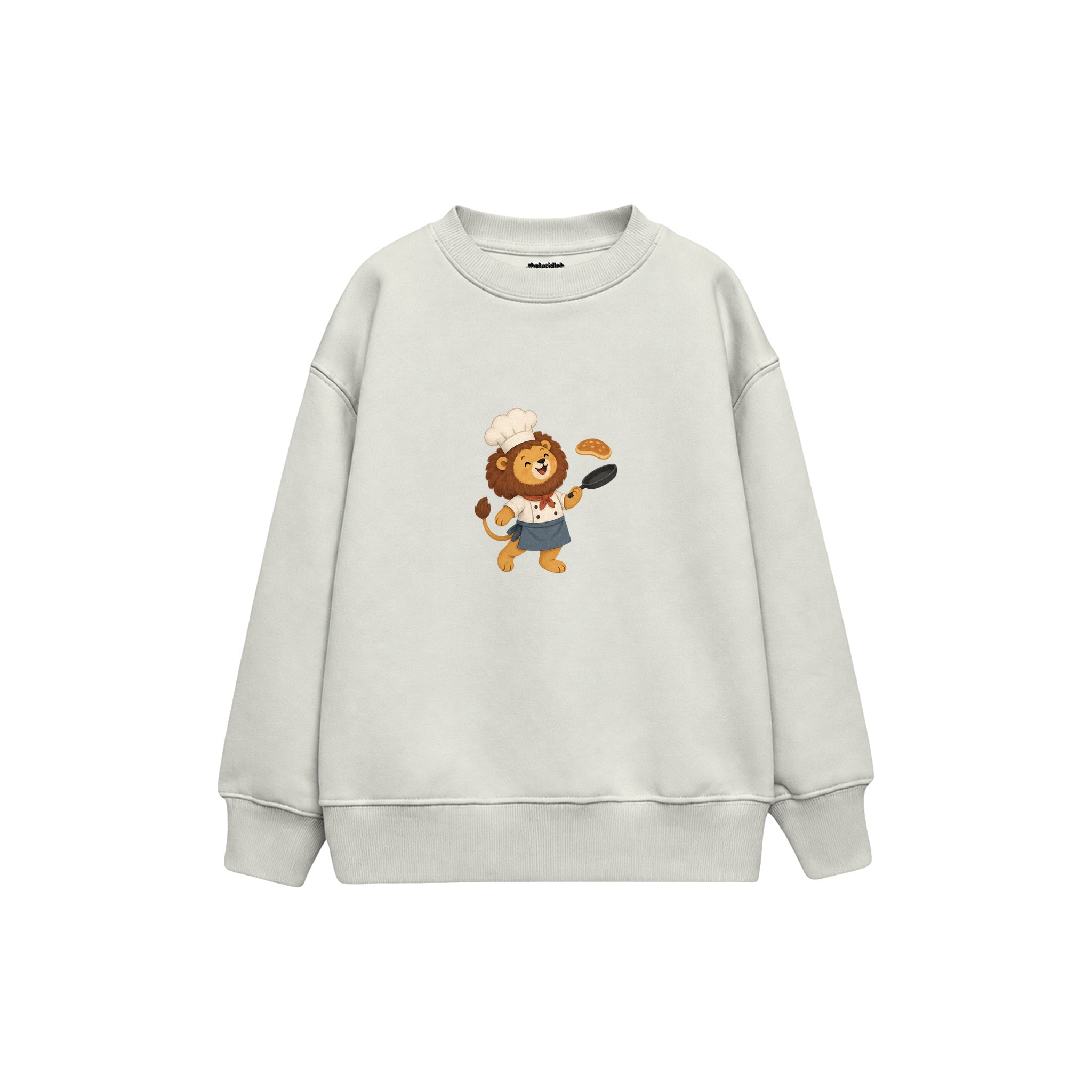Lion chef tossing a pancake Çocuk Sweatshirt — Beyaz — ön görünüm