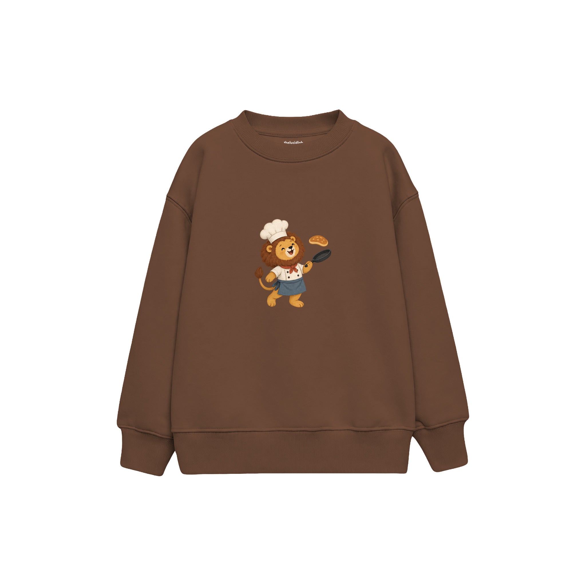 Lion chef tossing a pancake Çocuk Sweatshirt — Kahverengi — ön görünüm