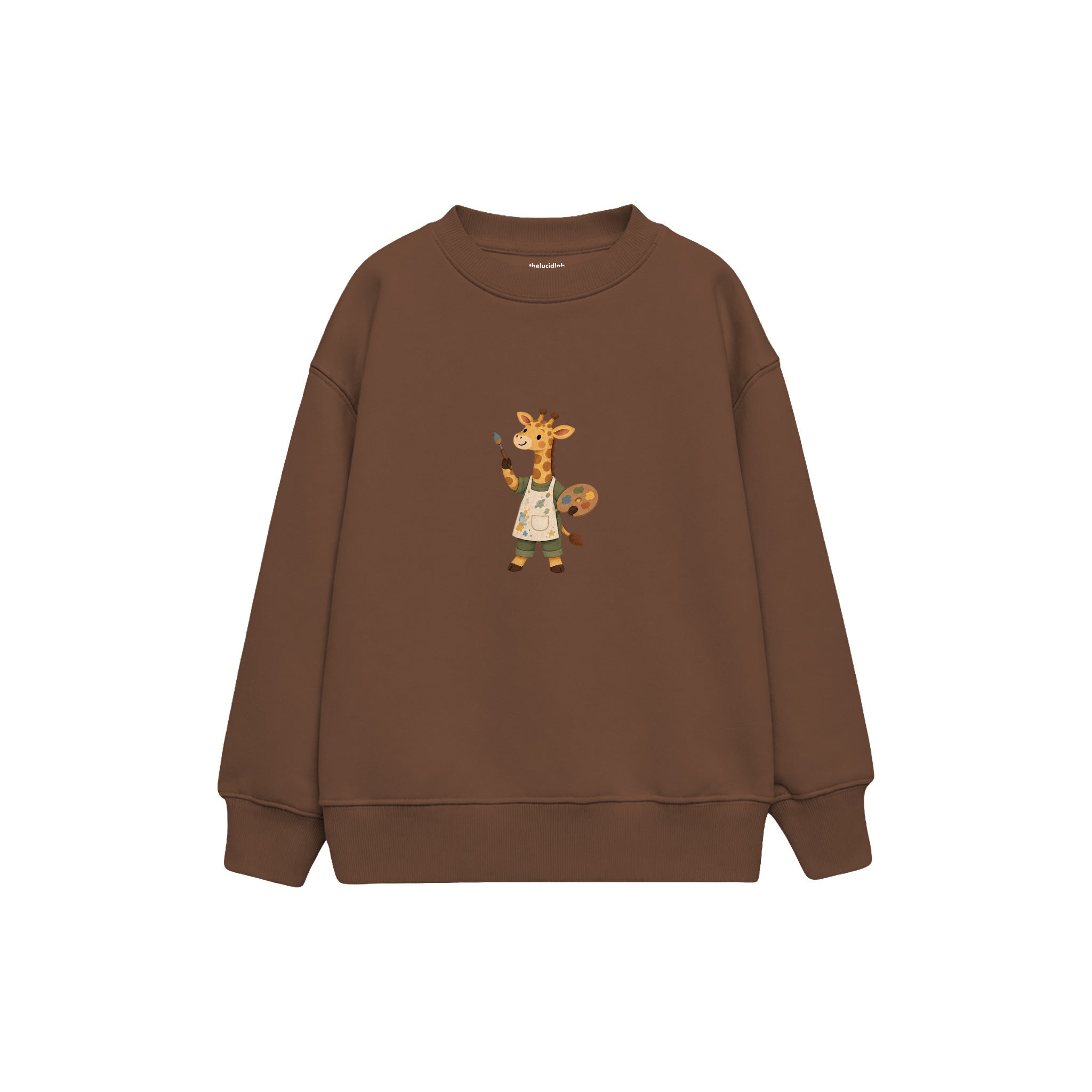 Giraffe artist holding a paintbrush Çocuk Sweatshirt — Kahverengi — ön görünüm