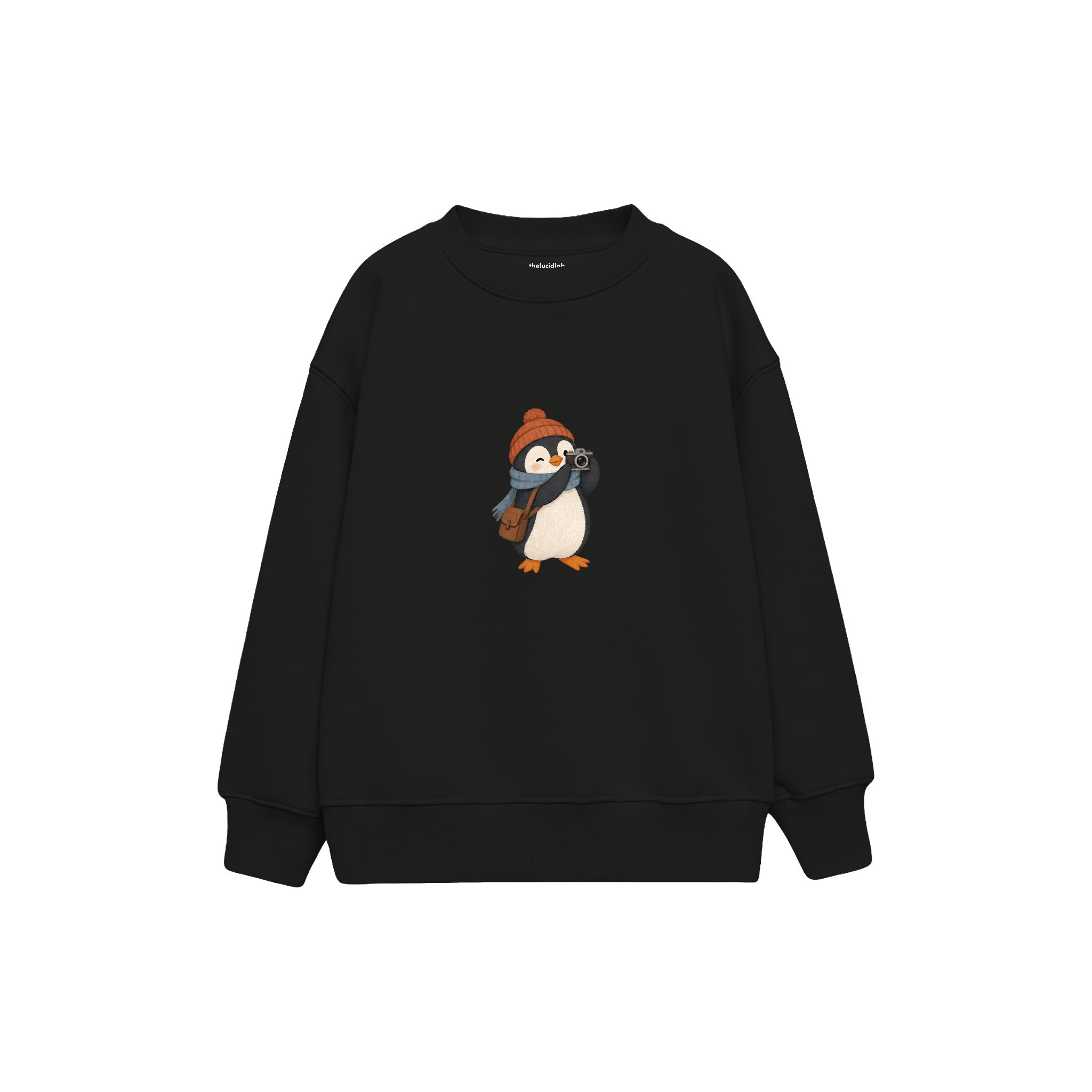 Penguin photographer with a tiny camera Çocuk Sweatshirt — Siyah — ön görünüm