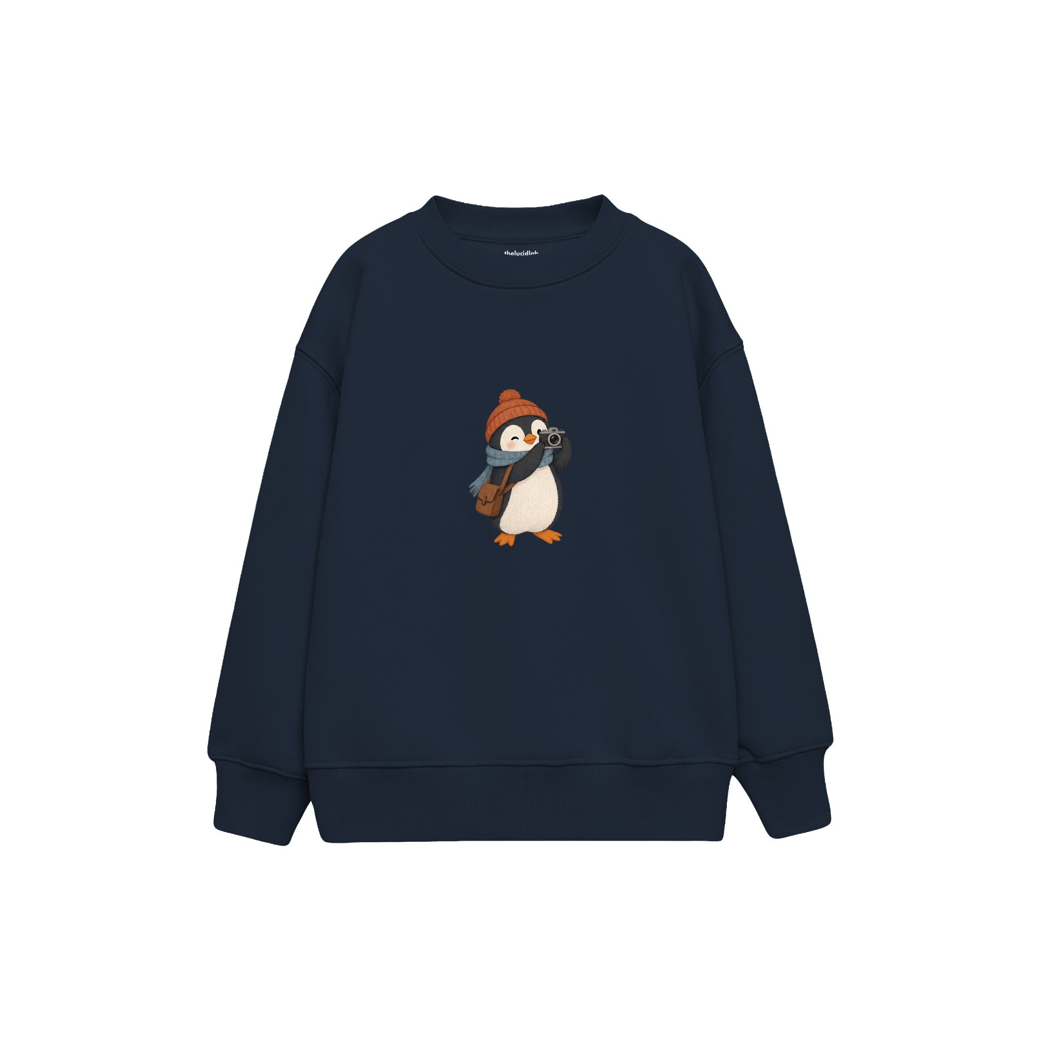 Penguin photographer with a tiny camera Çocuk Sweatshirt — Lacivert — ön görünüm