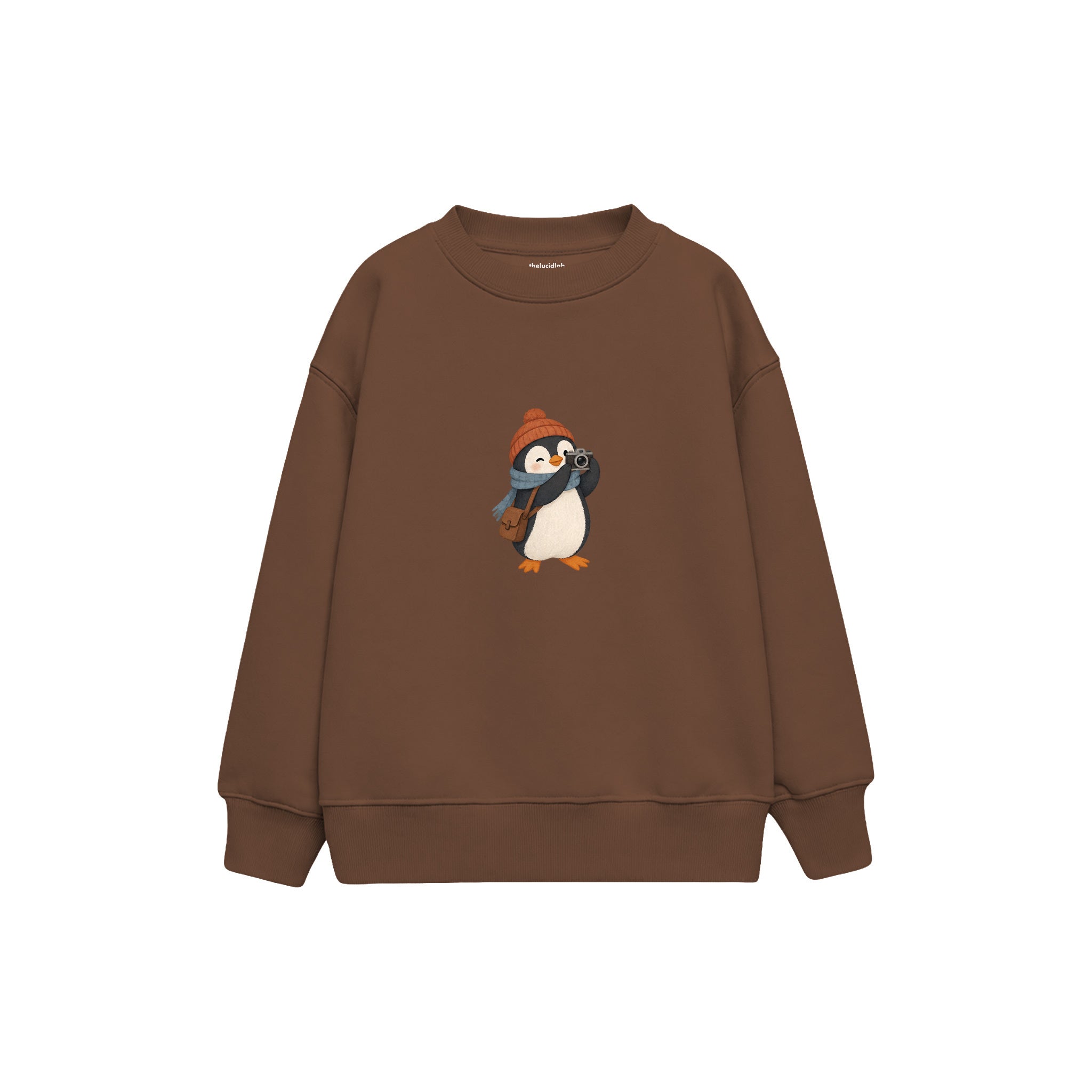 Penguin photographer with a tiny camera Çocuk Sweatshirt — Kahverengi — ön görünüm