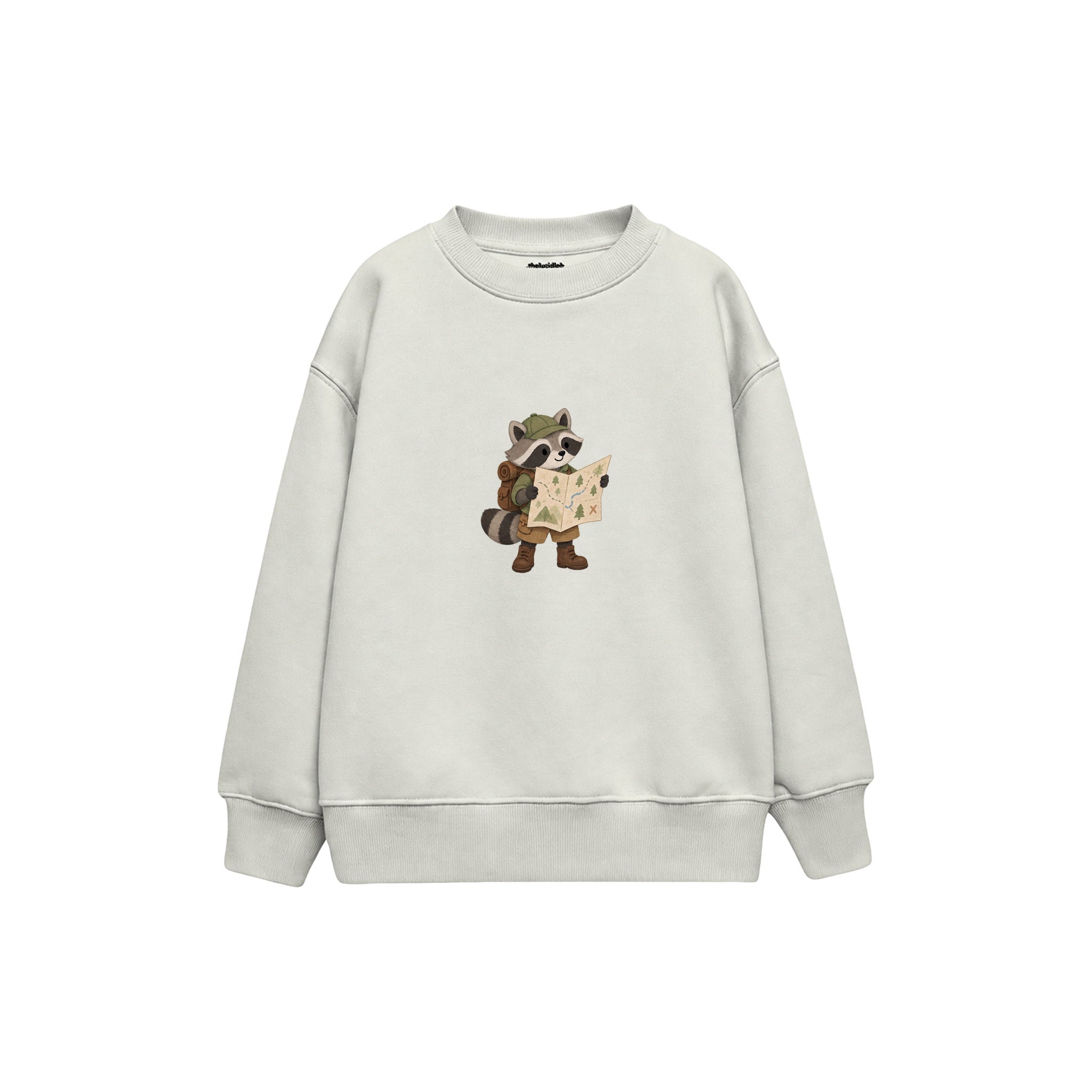 Raccoon reading a large map Çocuk Sweatshirt — Beyaz — ön görünüm