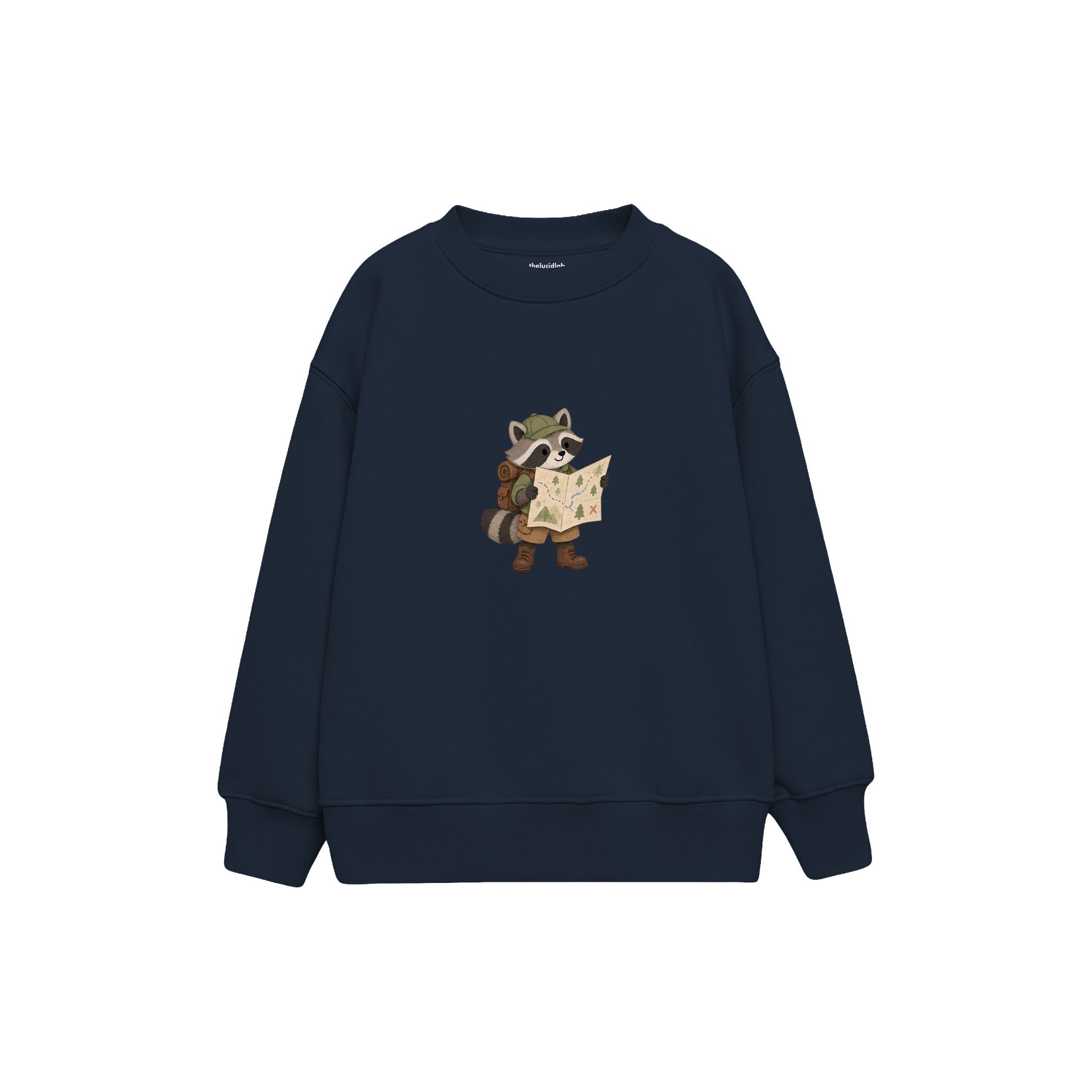 Raccoon reading a large map Çocuk Sweatshirt — Lacivert — ön görünüm