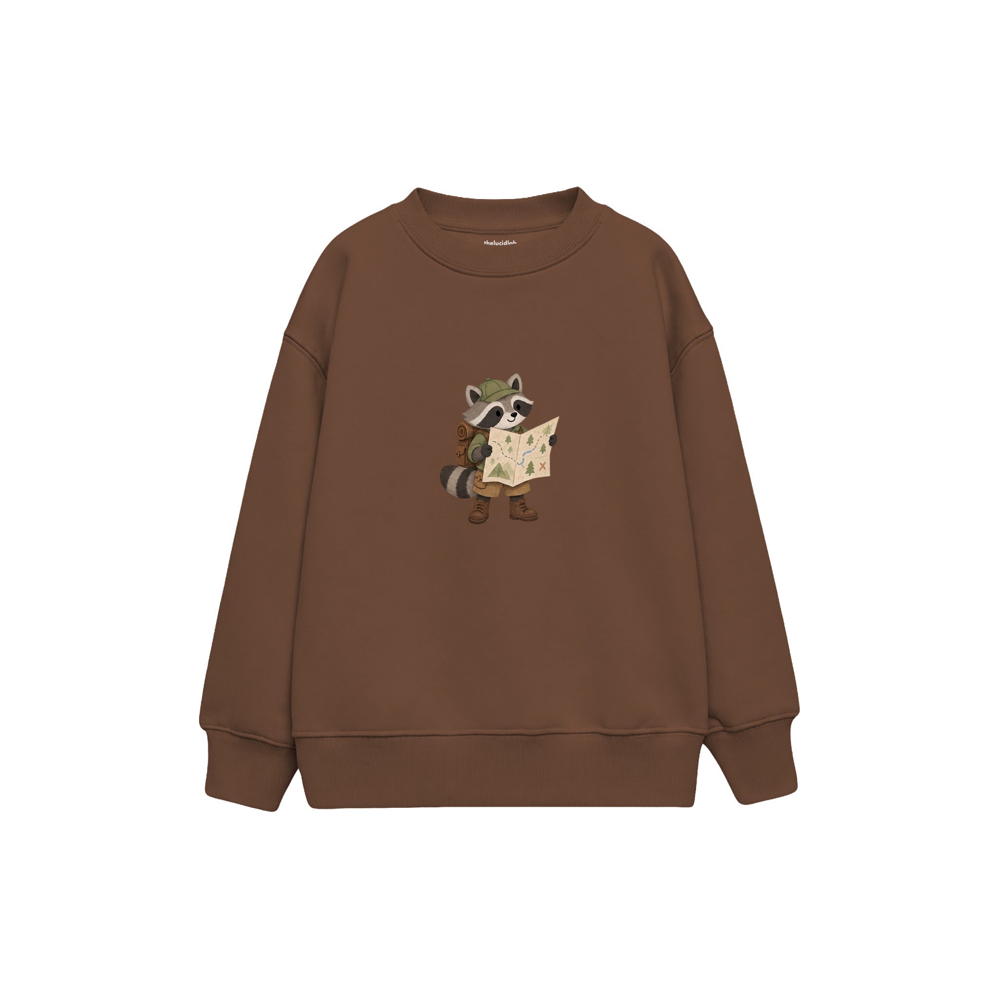 Raccoon reading a large map Çocuk Sweatshirt — Kahverengi — ön görünüm
