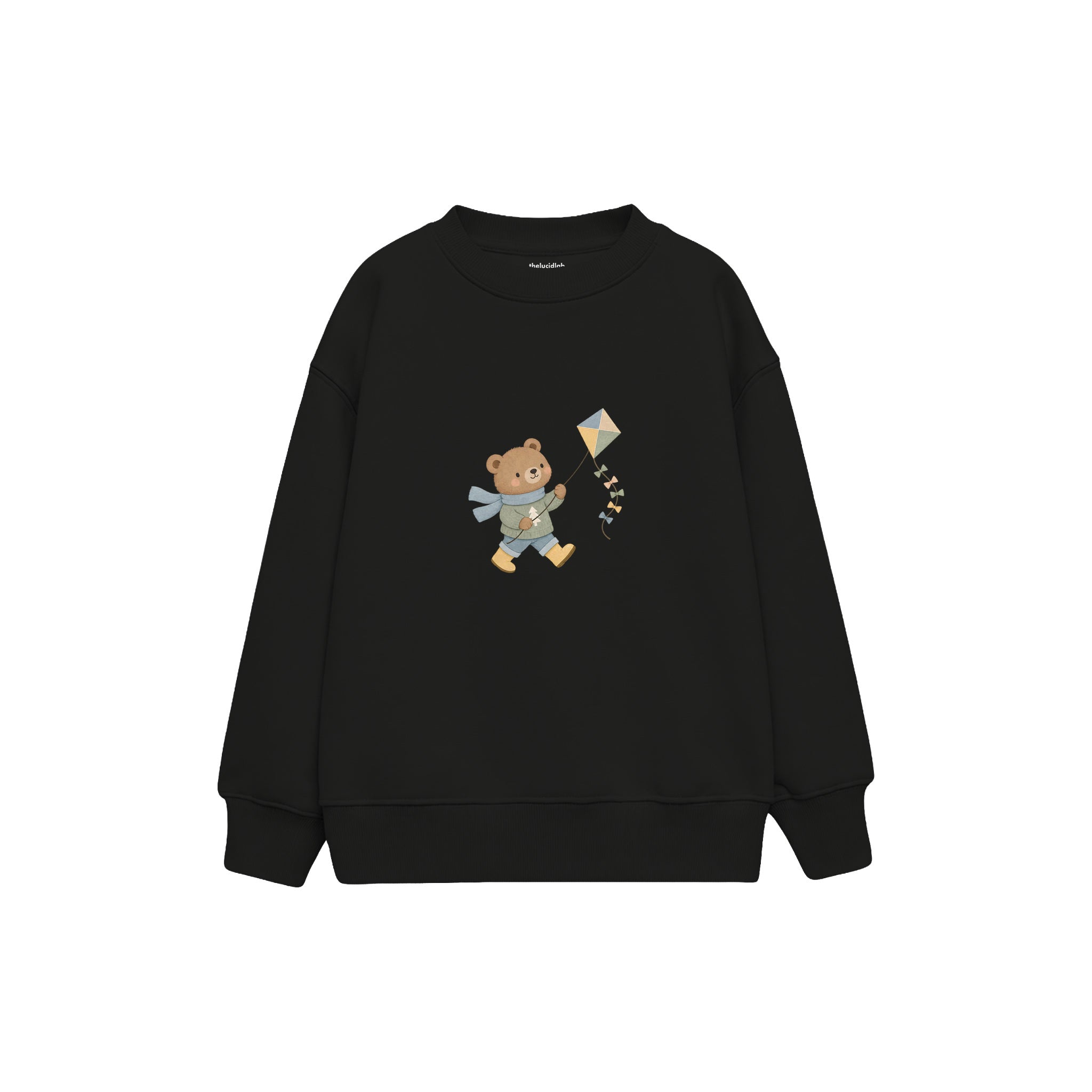 Bear flying a kite Çocuk Sweatshirt — Siyah — ön görünüm