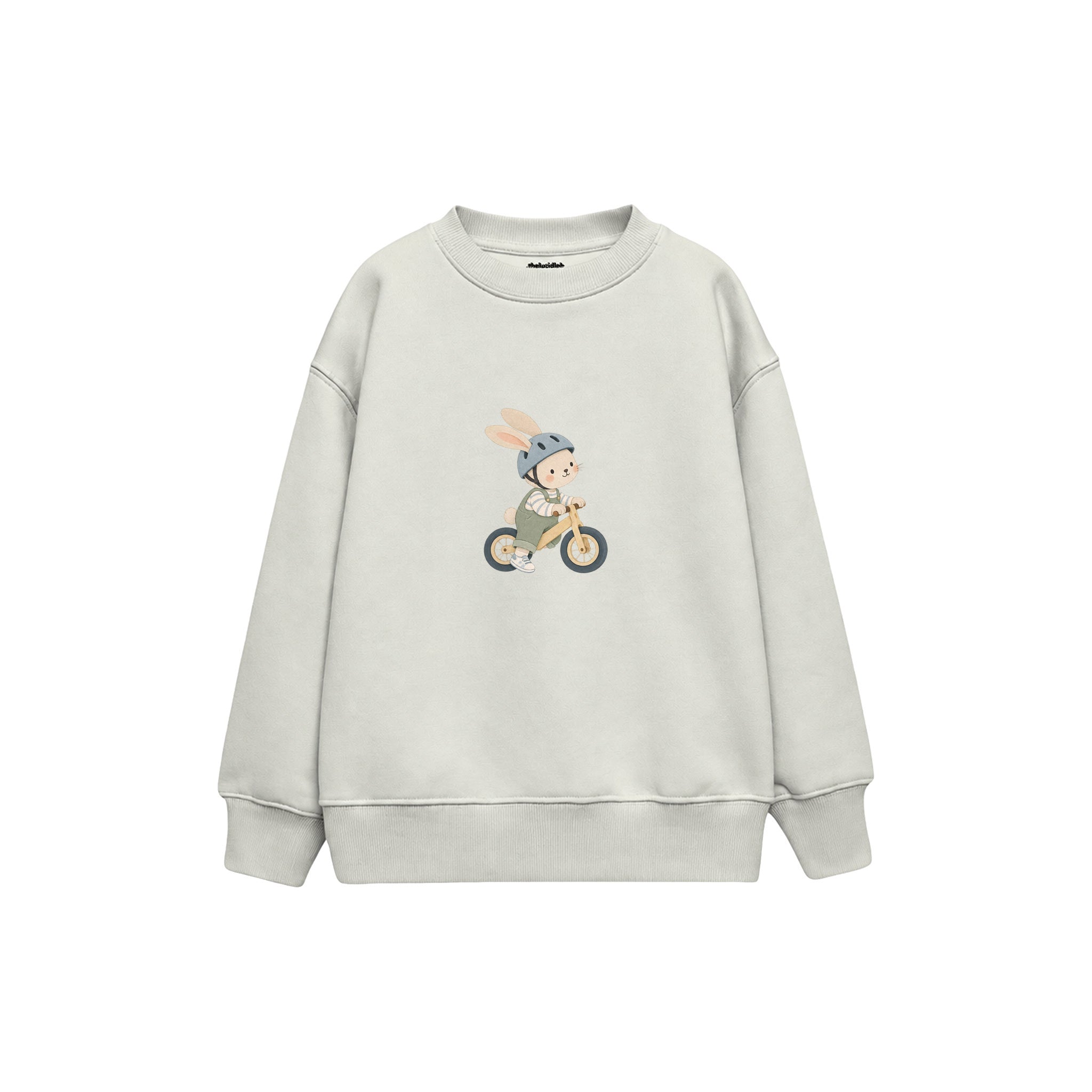 Rabbit riding a balance bike Çocuk Sweatshirt — Beyaz — ön görünüm