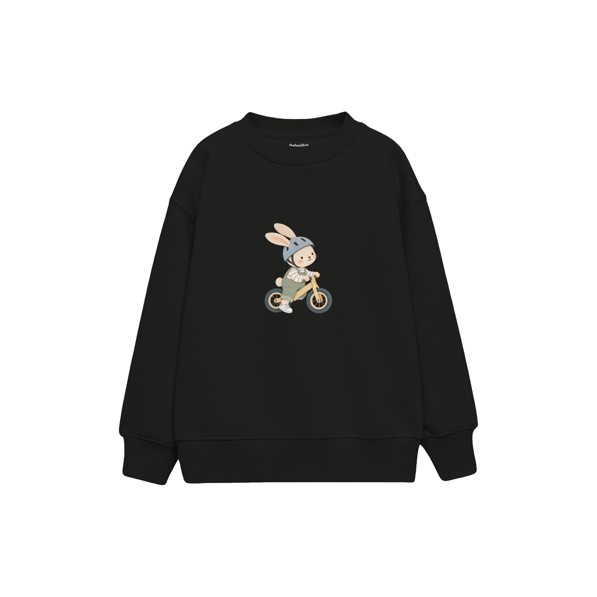 Rabbit riding a balance bike Çocuk Sweatshirt — Siyah — ön görünüm