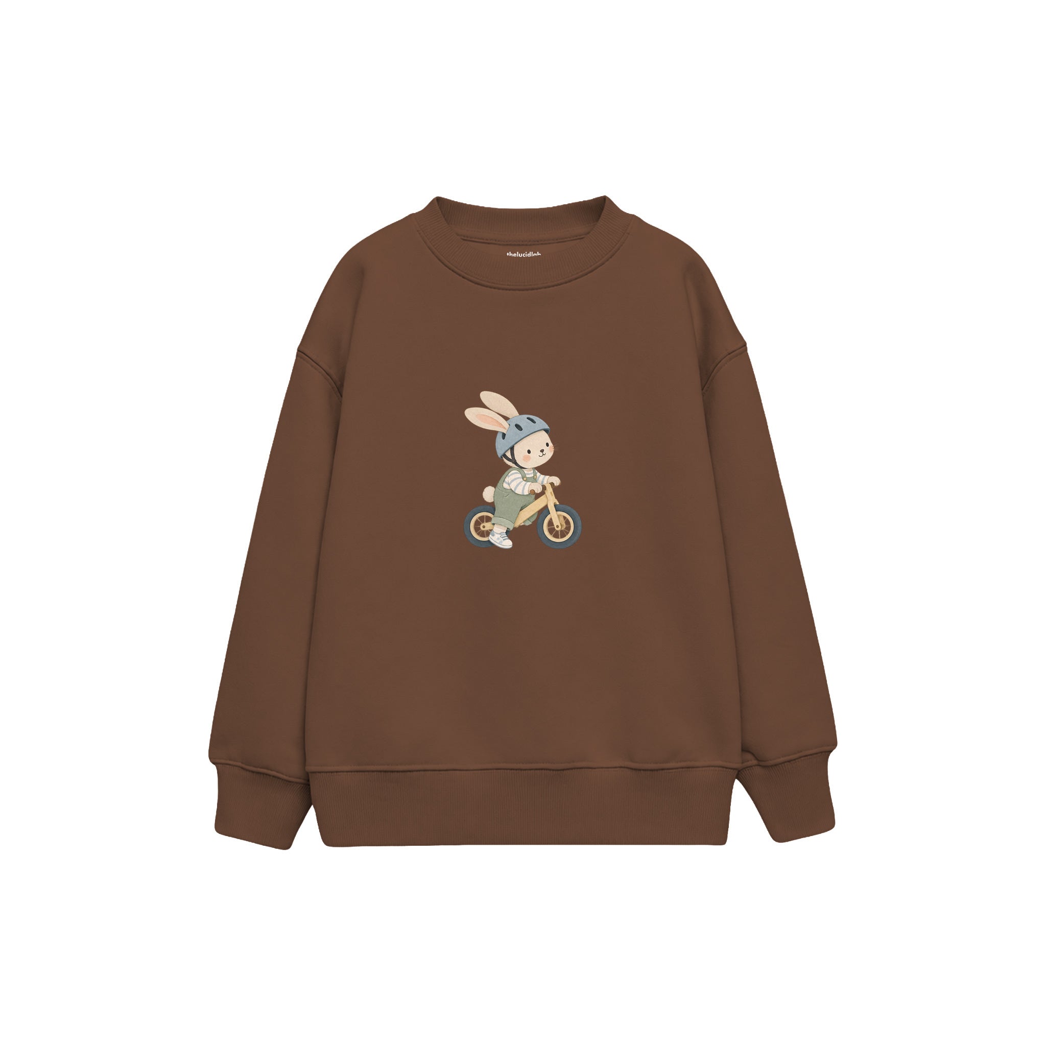 Rabbit riding a balance bike Çocuk Sweatshirt — Kahverengi — ön görünüm