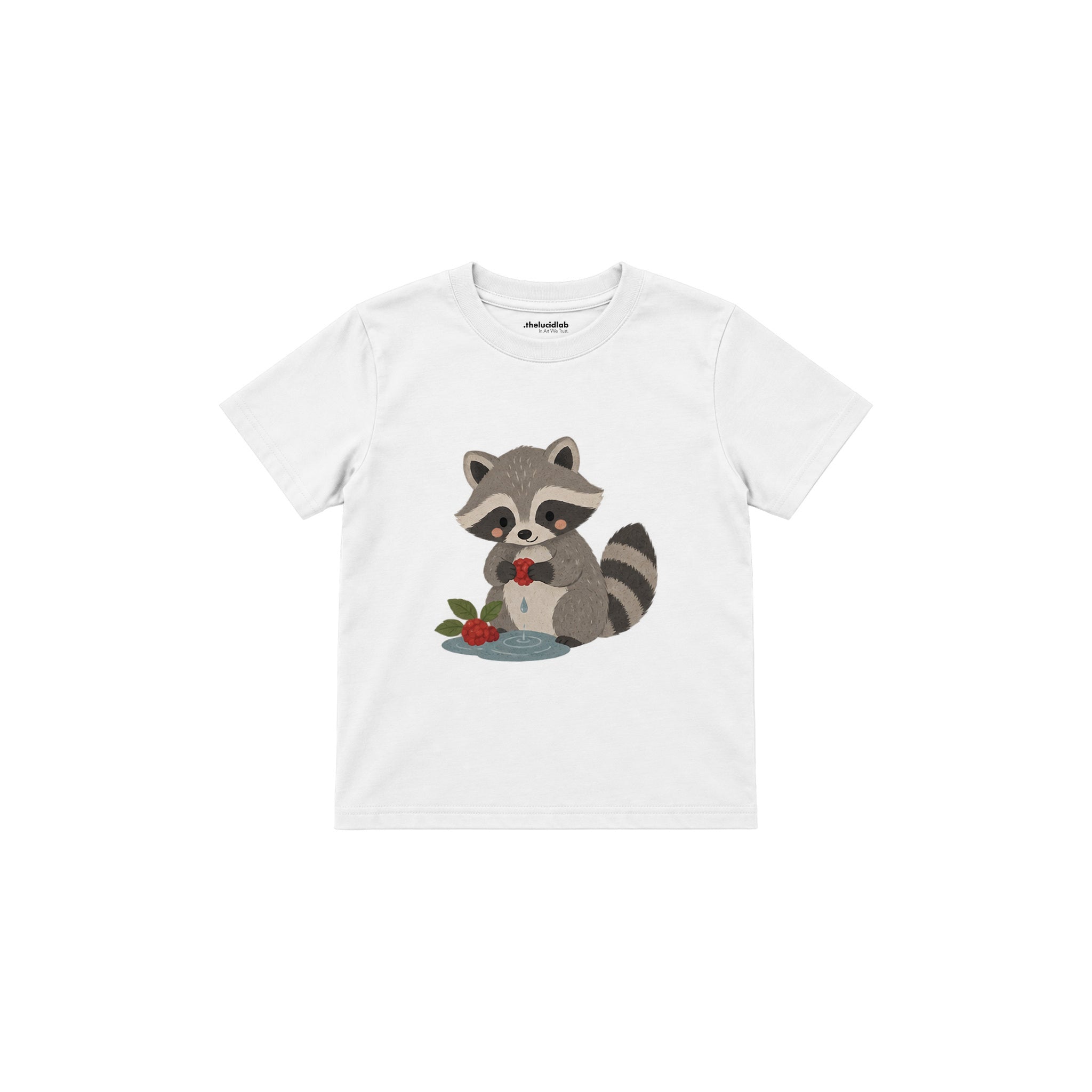 Raccoon washing a berry Çocuk Tişört — Beyaz — ön görünüm