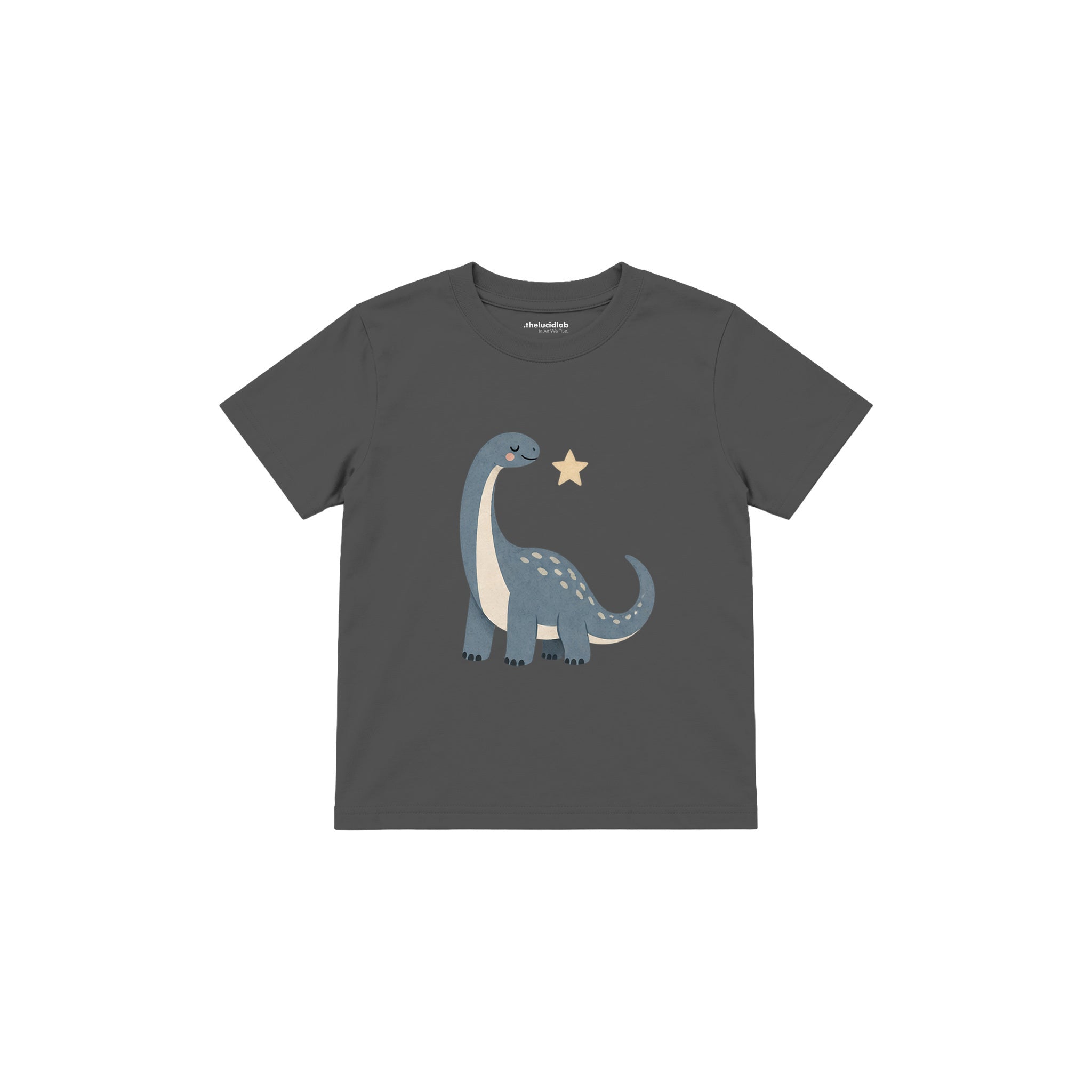 Dusty blue sauropod with a small star Çocuk Tişört — Antrasit — ön görünüm