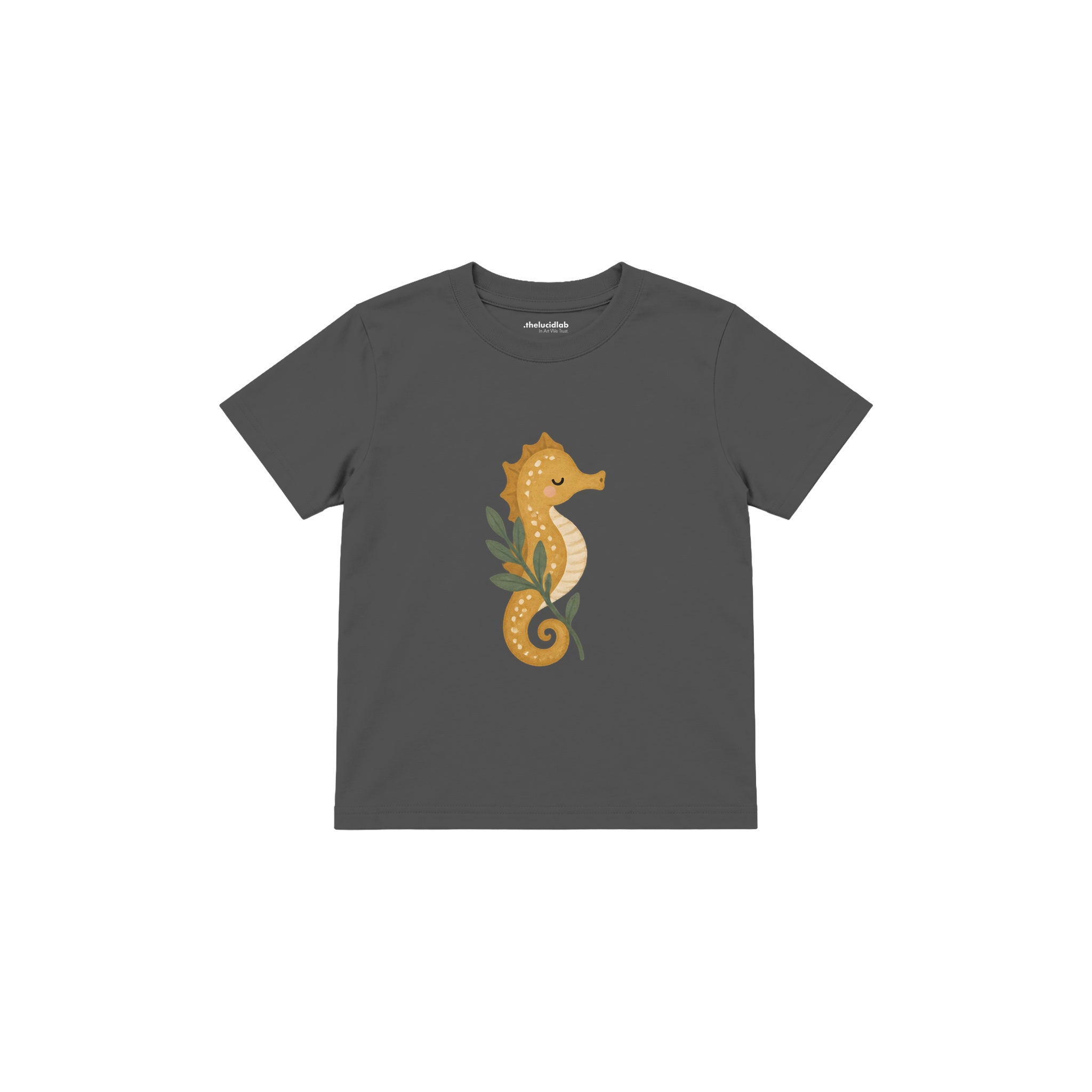 Seahorse curled around a sprig Çocuk Tişört — Antrasit — ön görünüm
