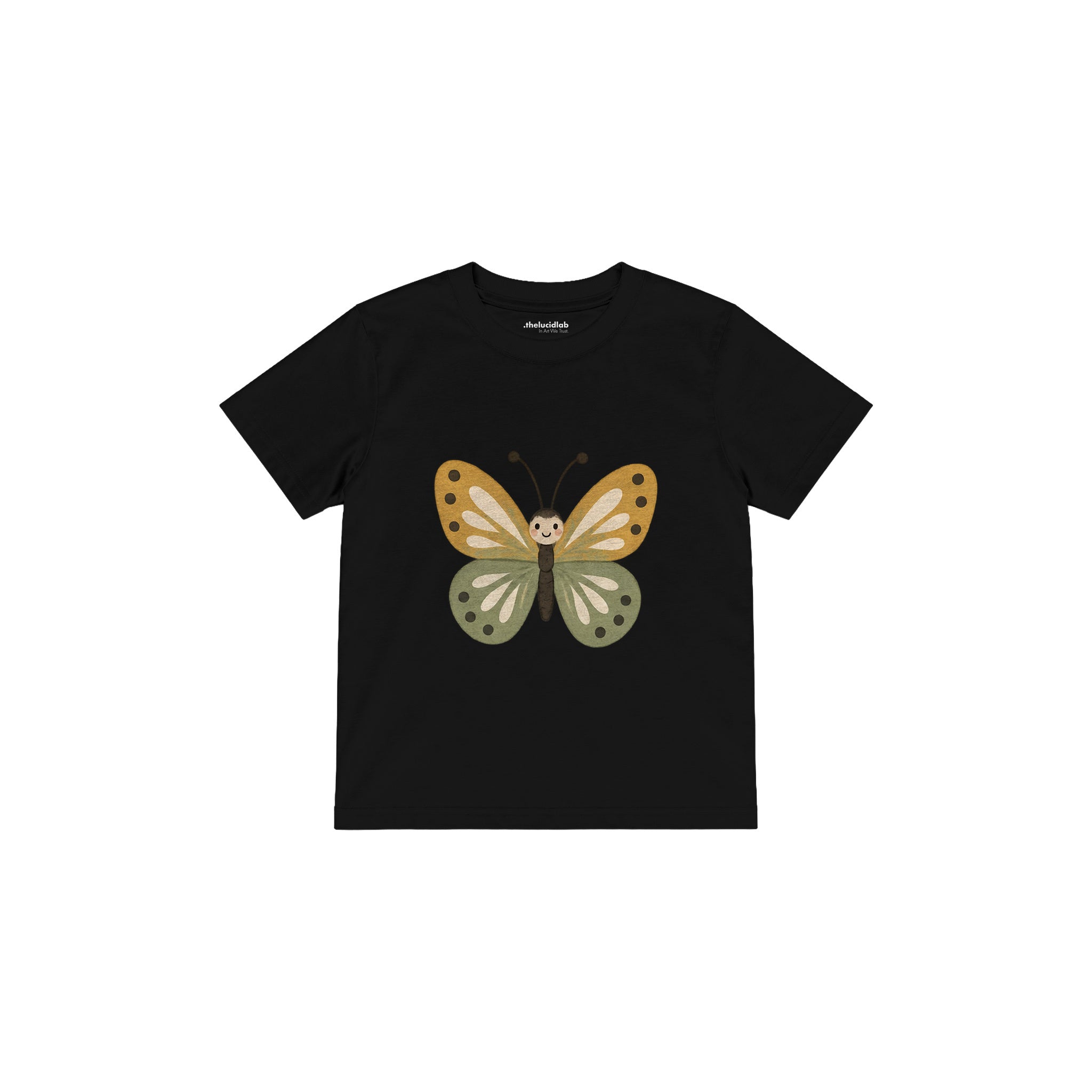 Butterfly with ochre and sage wings Çocuk Tişört — Siyah — ön görünüm