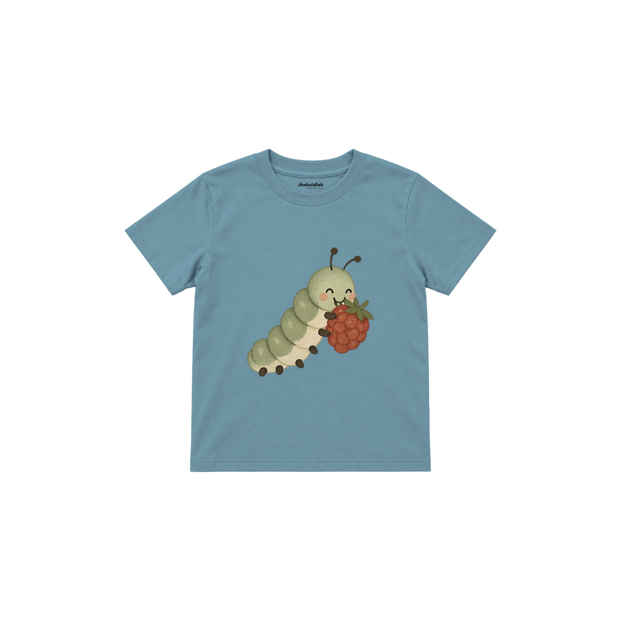 Caterpillar eating a berry Çocuk Tişört — Çelik Mavi — ön görünüm