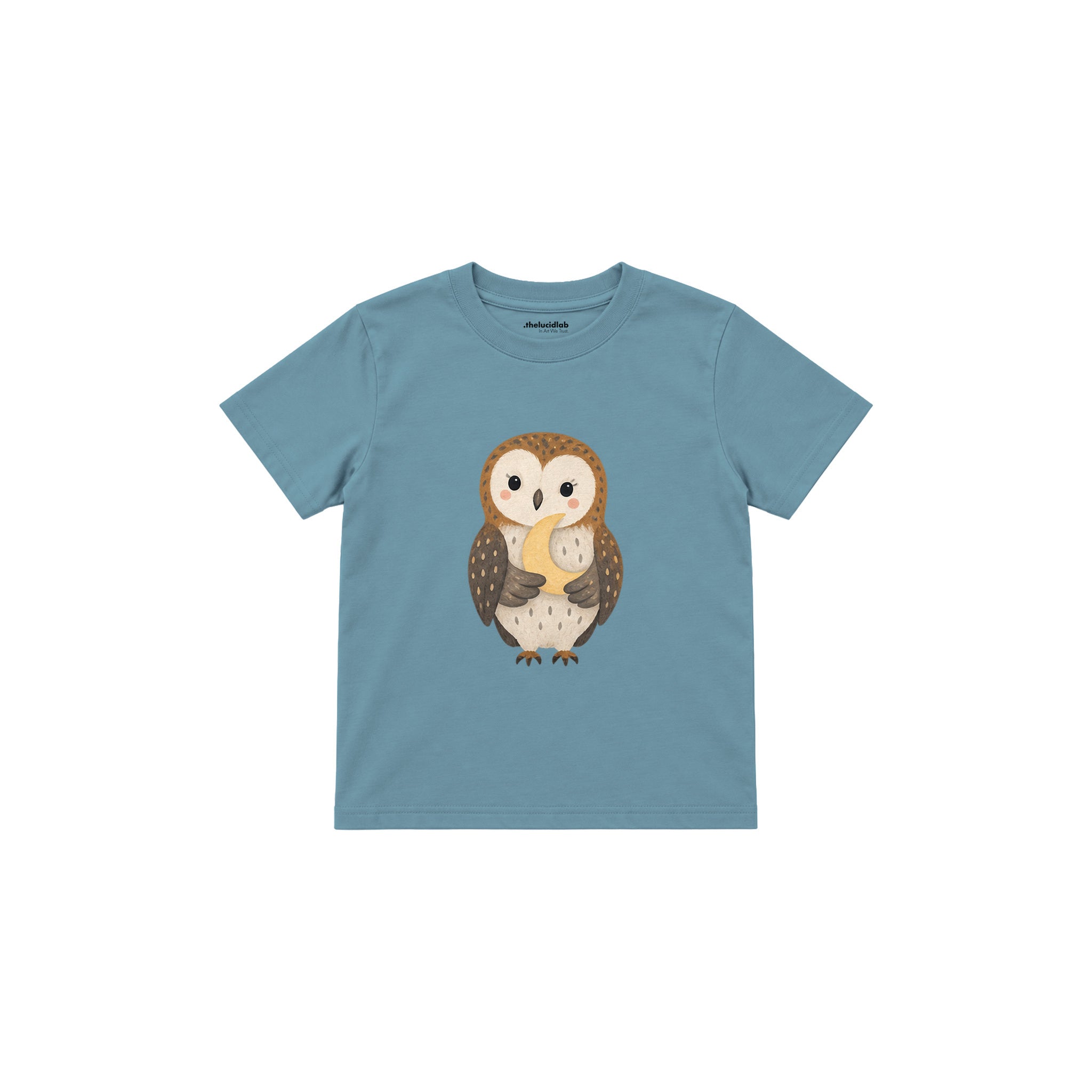 Owl holding a small moon Çocuk Tişört — Çelik Mavi — ön görünüm