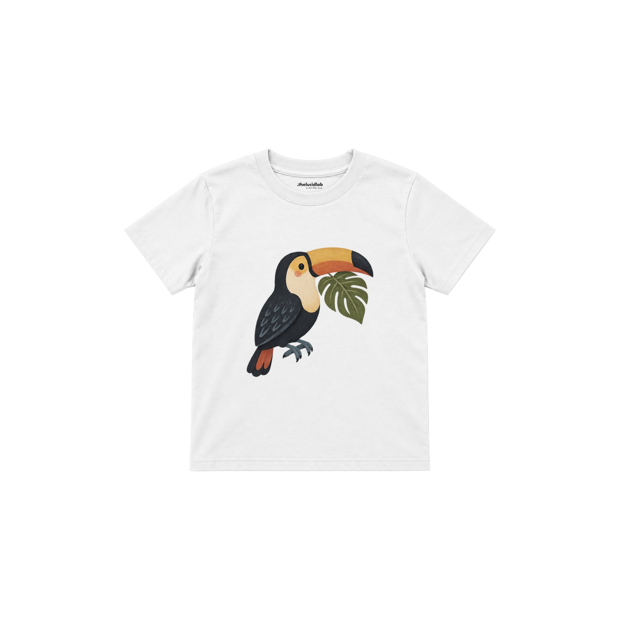 Toucan with a green leaf Çocuk Tişört — Beyaz — ön görünüm