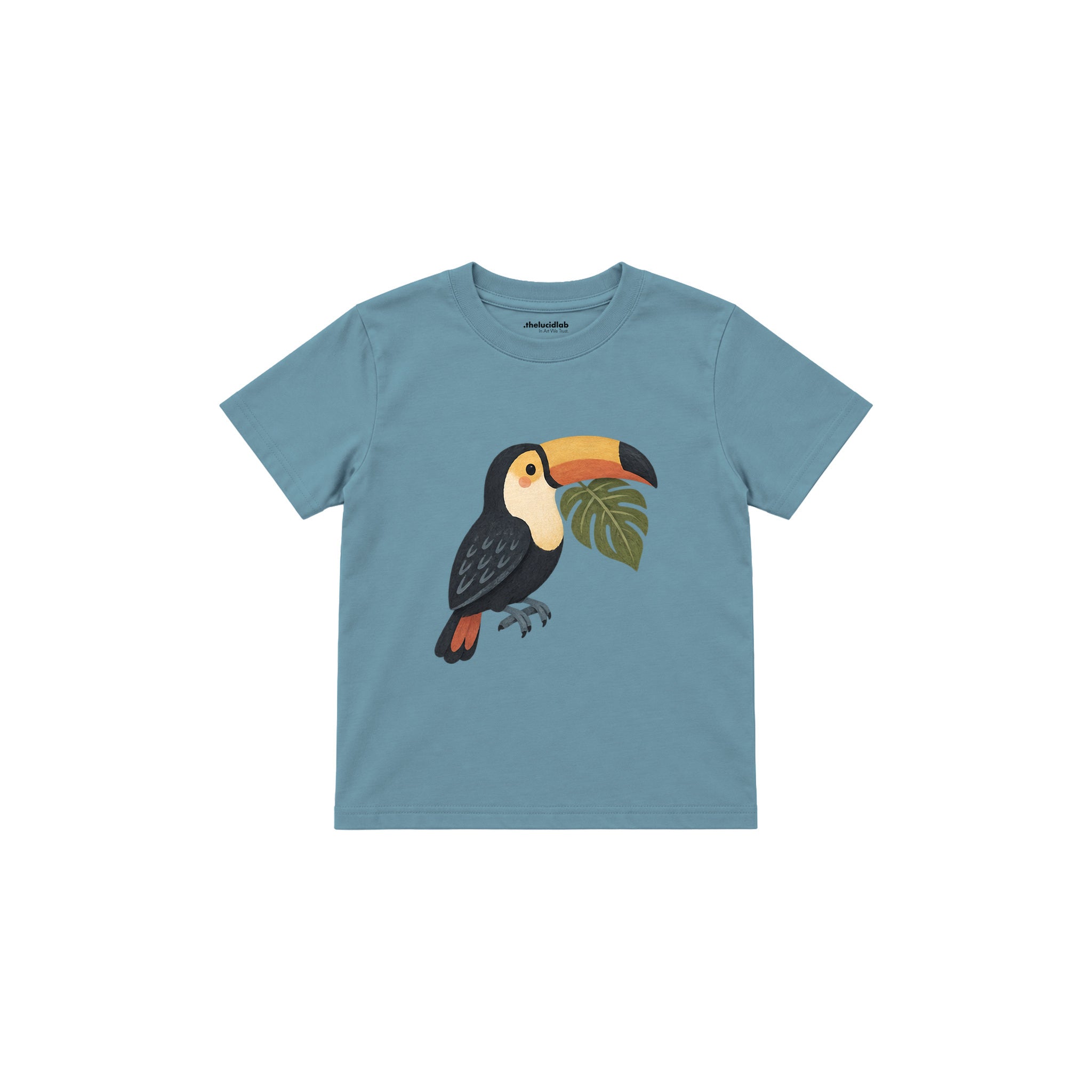 Toucan with a green leaf Çocuk Tişört — Çelik Mavi — ön görünüm