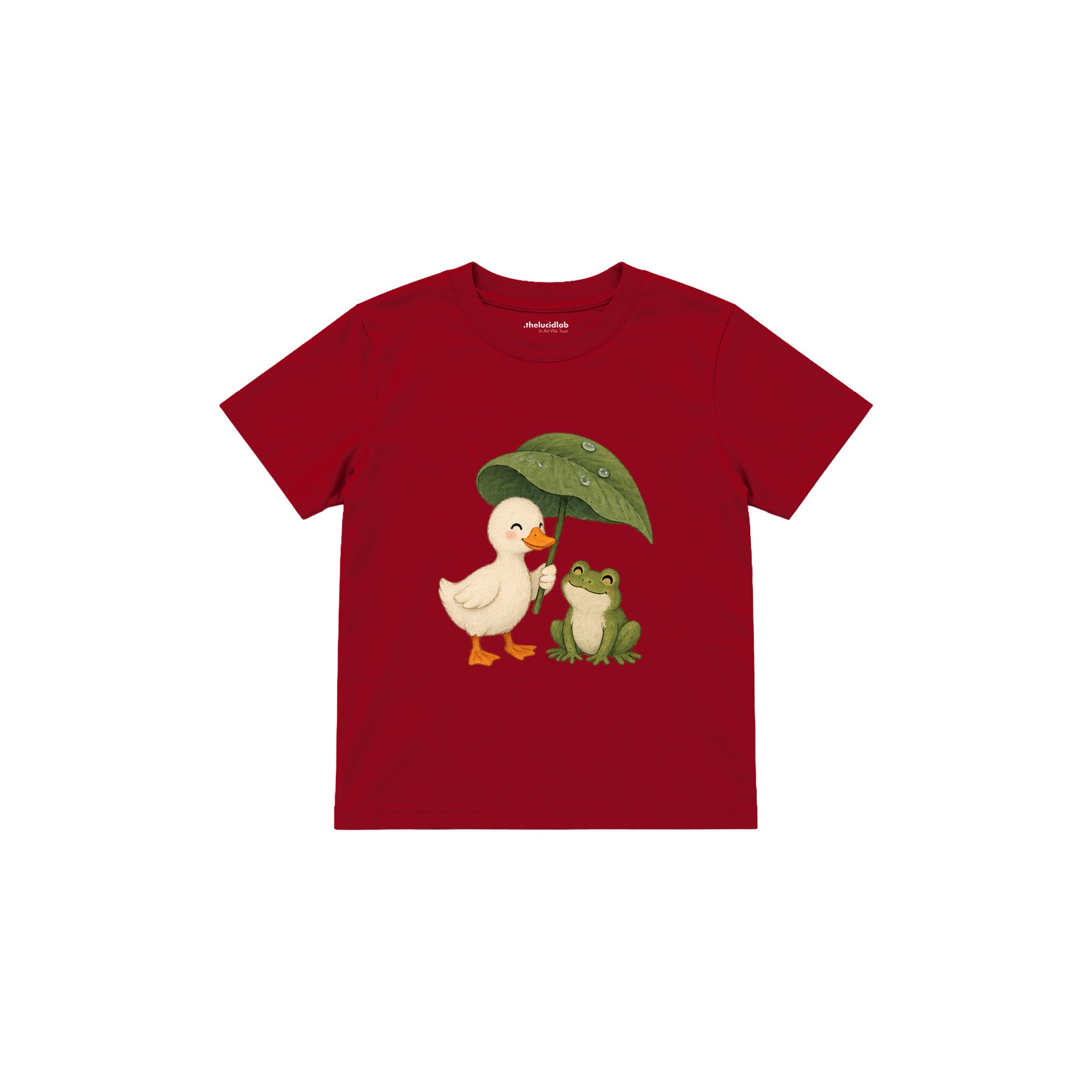 Duck and frog sharing a leaf umbrella Çocuk Tişört — Kırmızı — ön görünüm