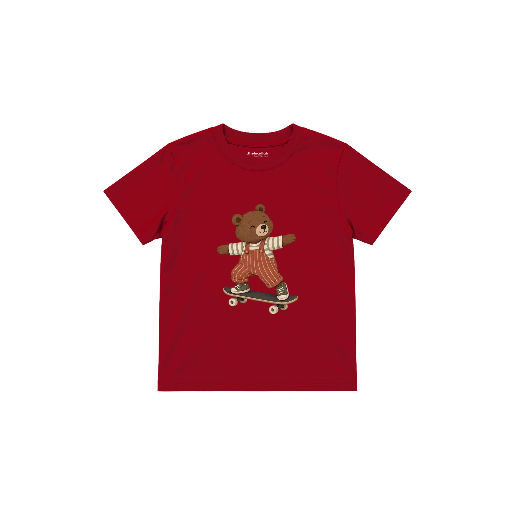 Bear skateboarding in rust striped overalls Çocuk Tişört — Kırmızı — ön görünüm