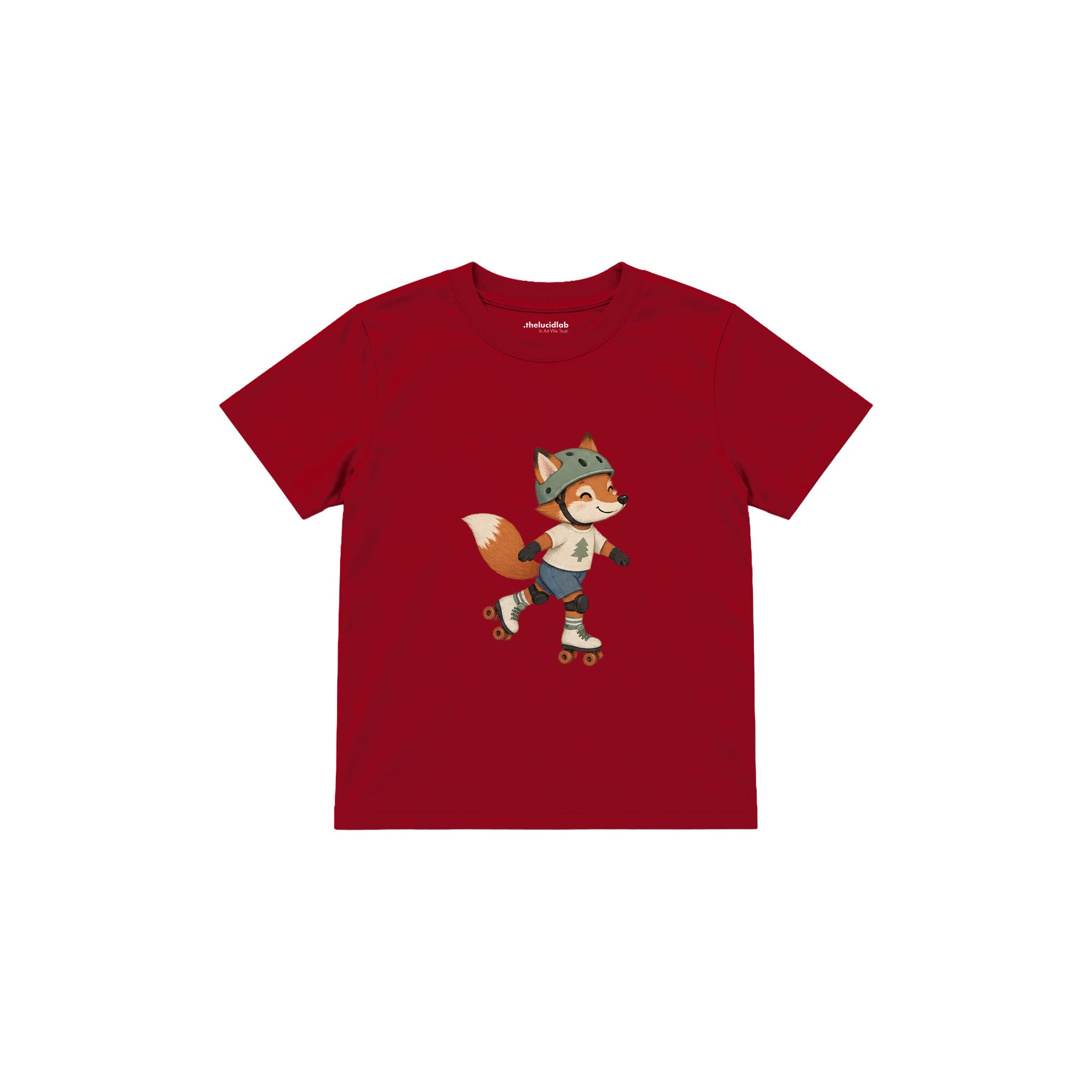 Fox on roller skates wearing a helmet Çocuk Tişört — Kırmızı — ön görünüm