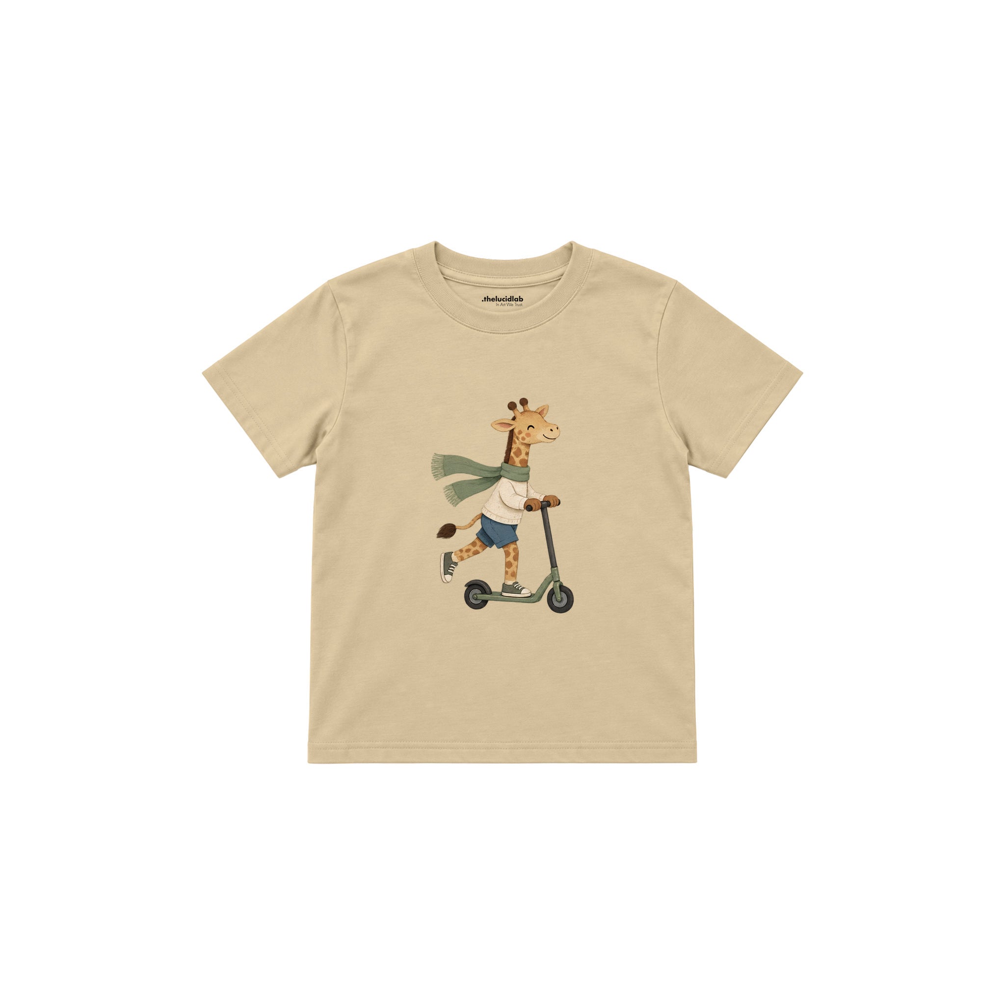 Giraffe on a kick scooter with a scarf Çocuk Tişört — Krem — ön görünüm