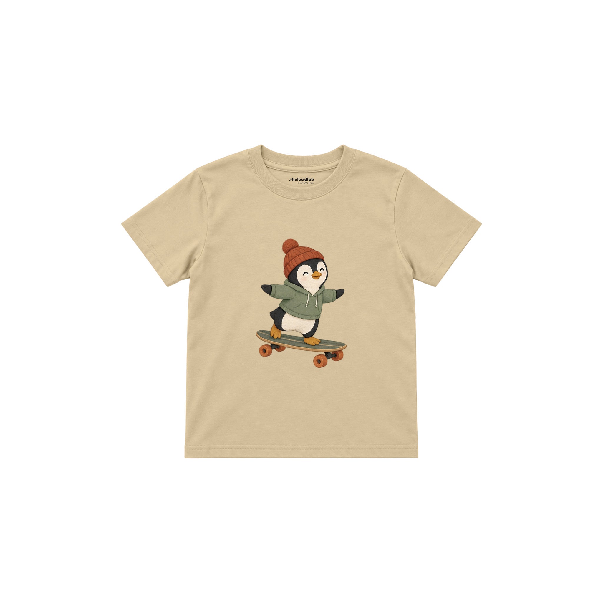 Penguin on a longboard wearing a beanie Çocuk Tişört — Krem — ön görünüm