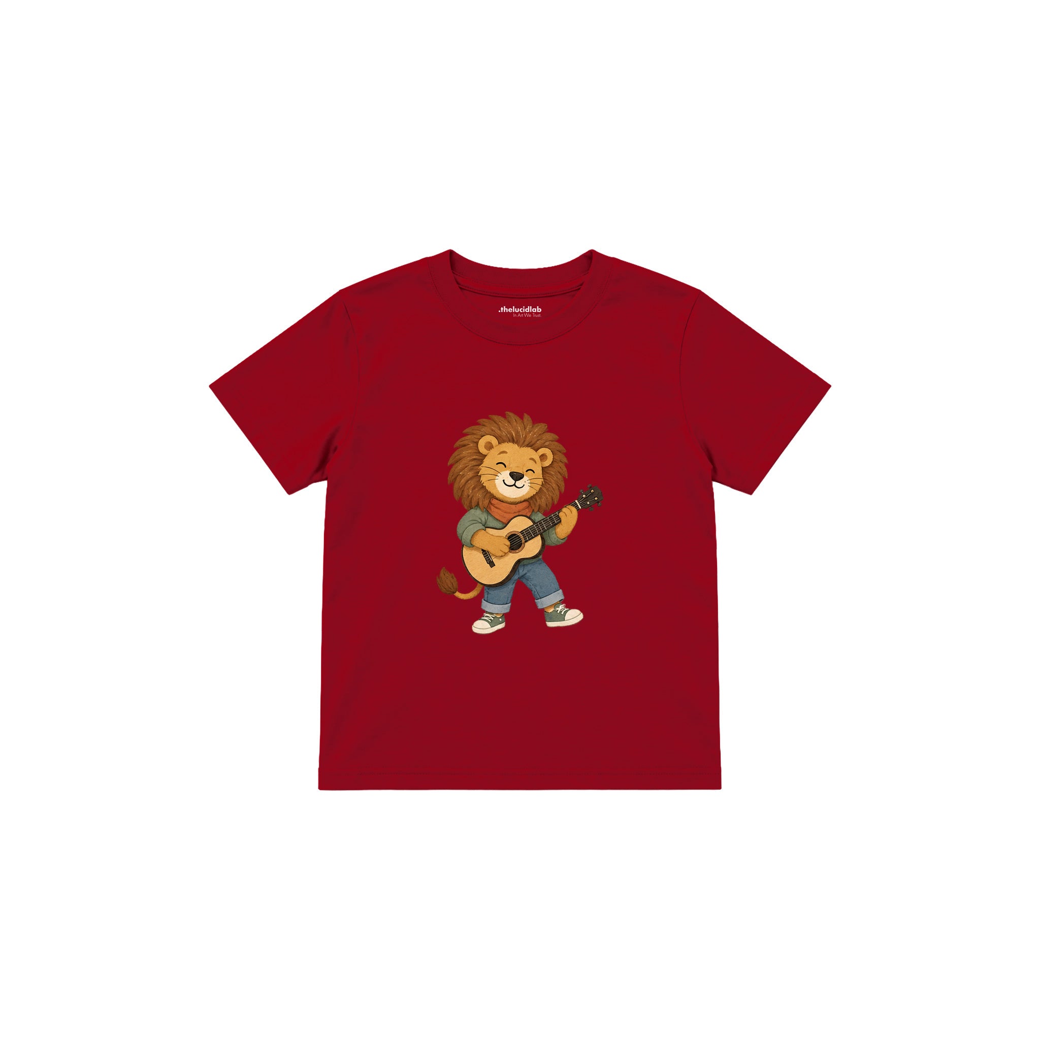 Lion playing a tiny acoustic guitar Çocuk Tişört — Kırmızı — ön görünüm