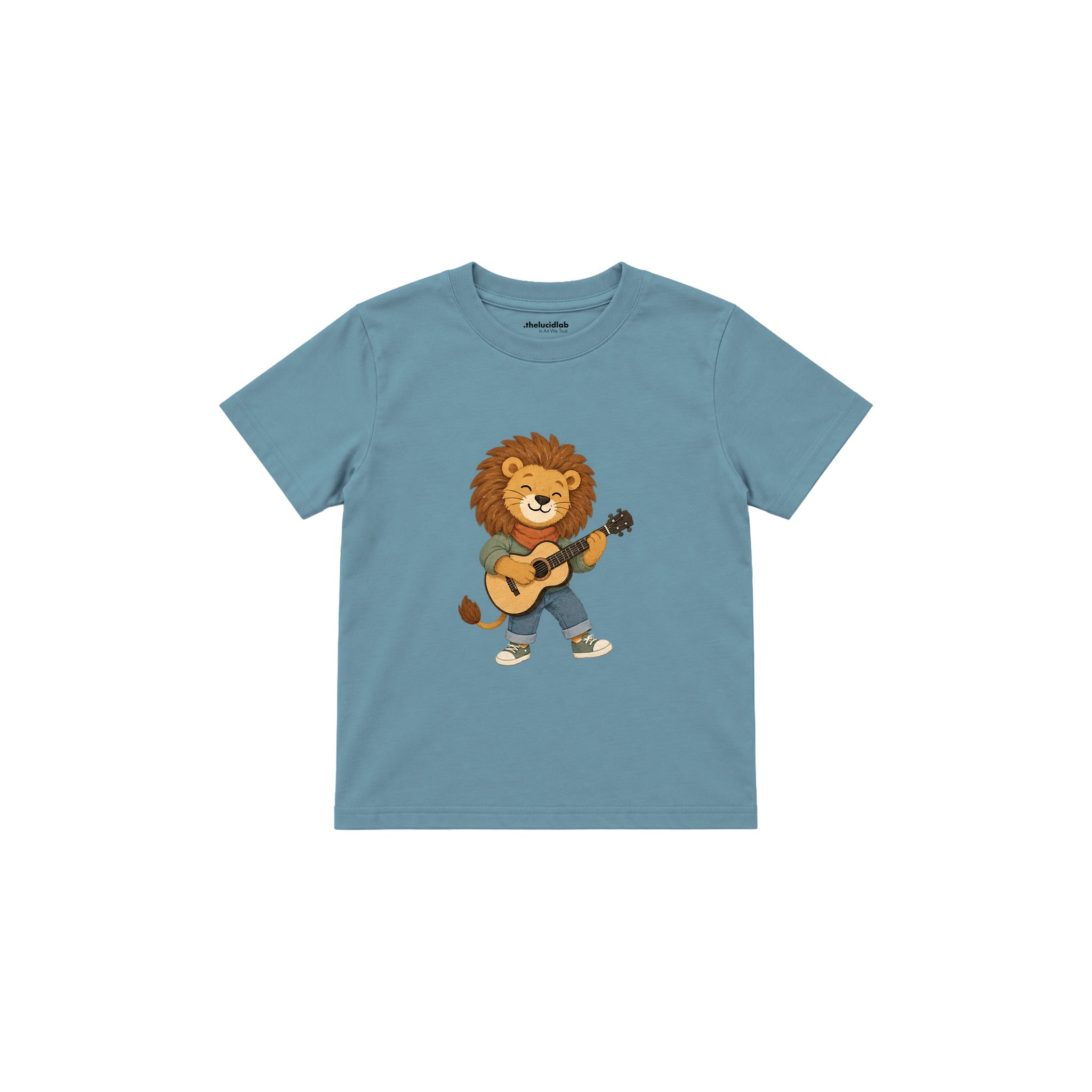 Lion playing a tiny acoustic guitar Çocuk Tişört — Çelik Mavi — ön görünüm