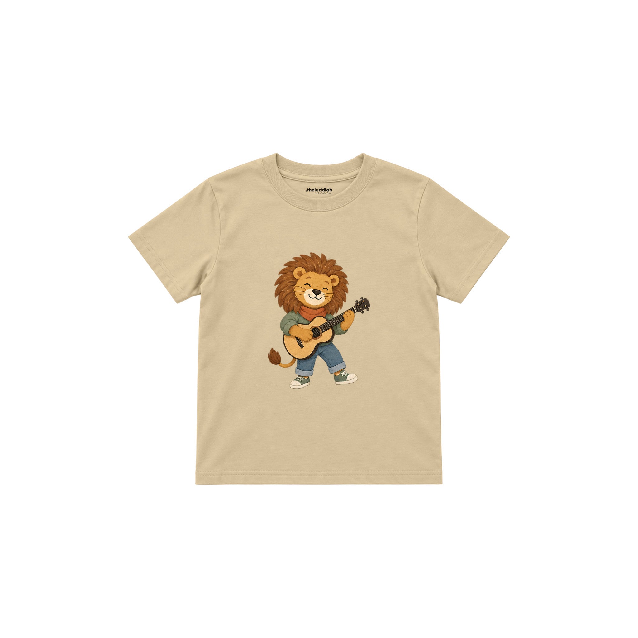 Lion playing a tiny acoustic guitar Çocuk Tişört — Krem — ön görünüm