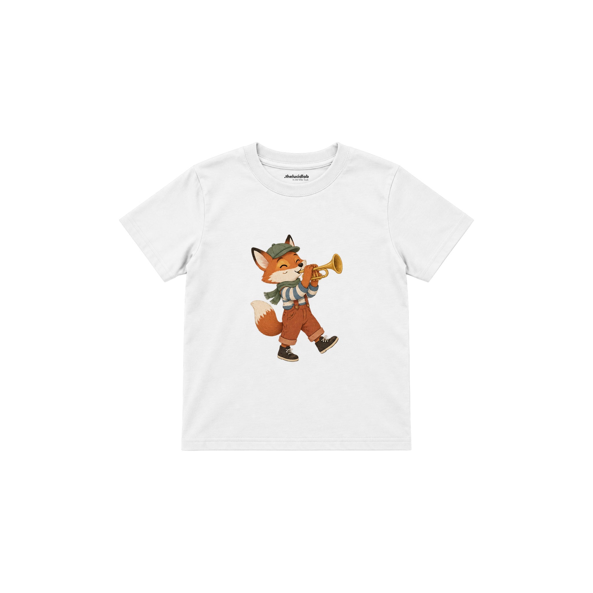 Fox playing a trumpet Çocuk Tişört — Beyaz — ön görünüm
