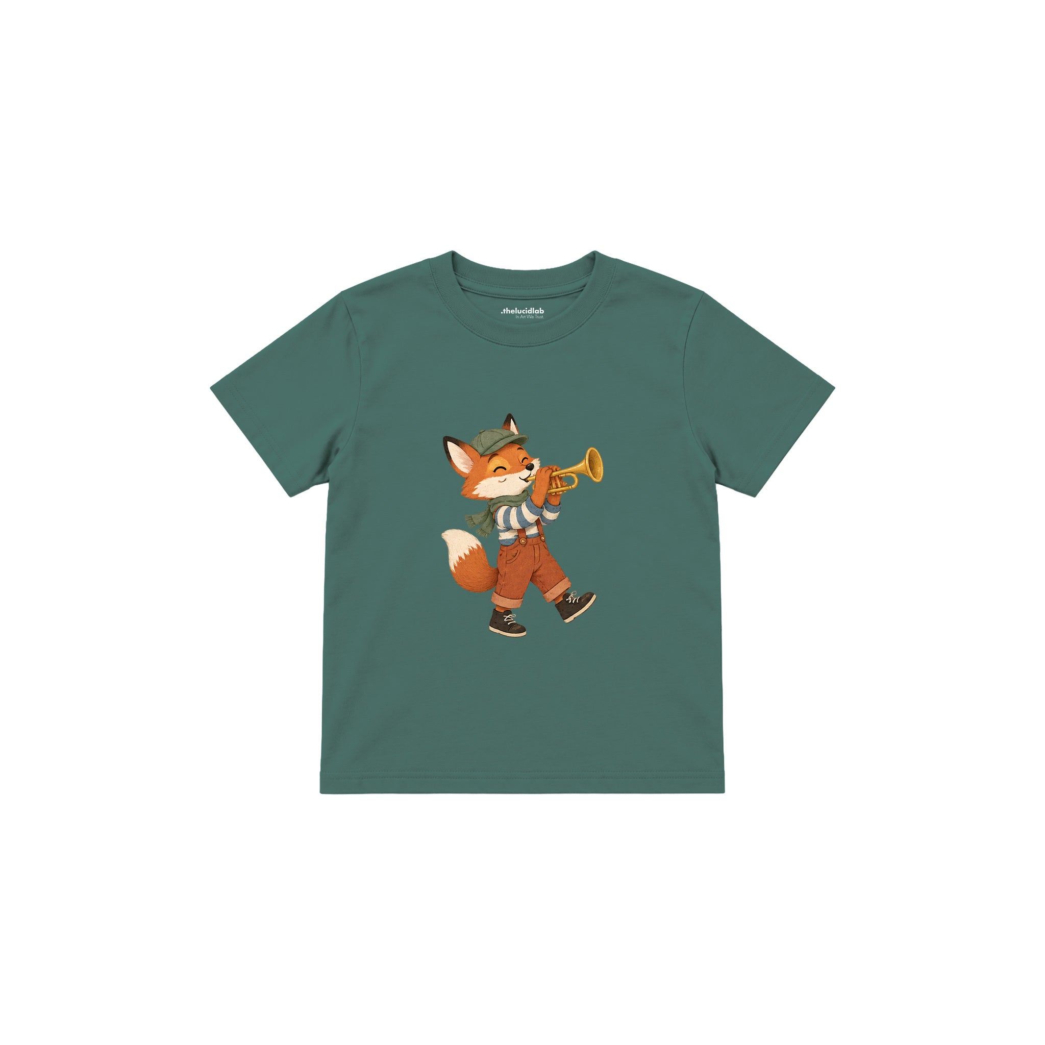 Fox playing a trumpet Çocuk Tişört — Yeşil — ön görünüm