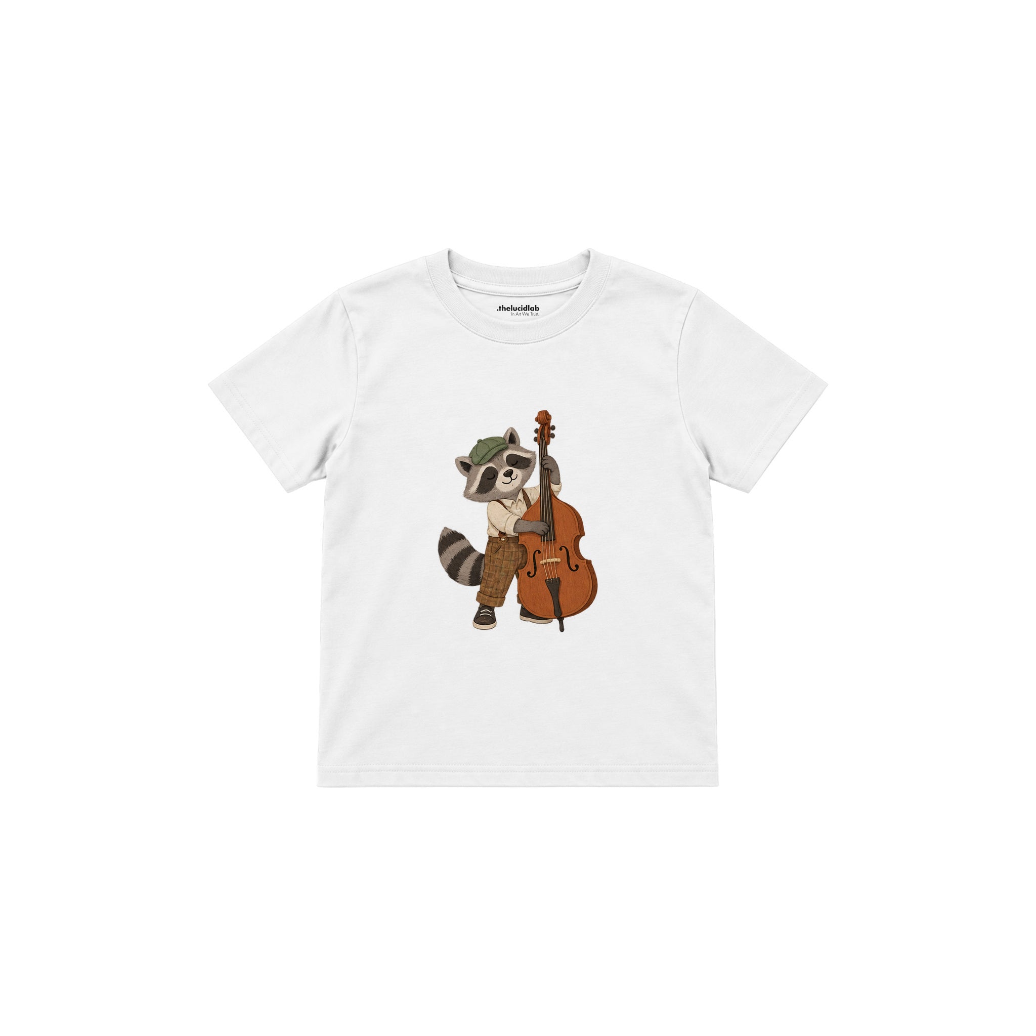 Raccoon playing a double bass Çocuk Tişört — Beyaz — ön görünüm
