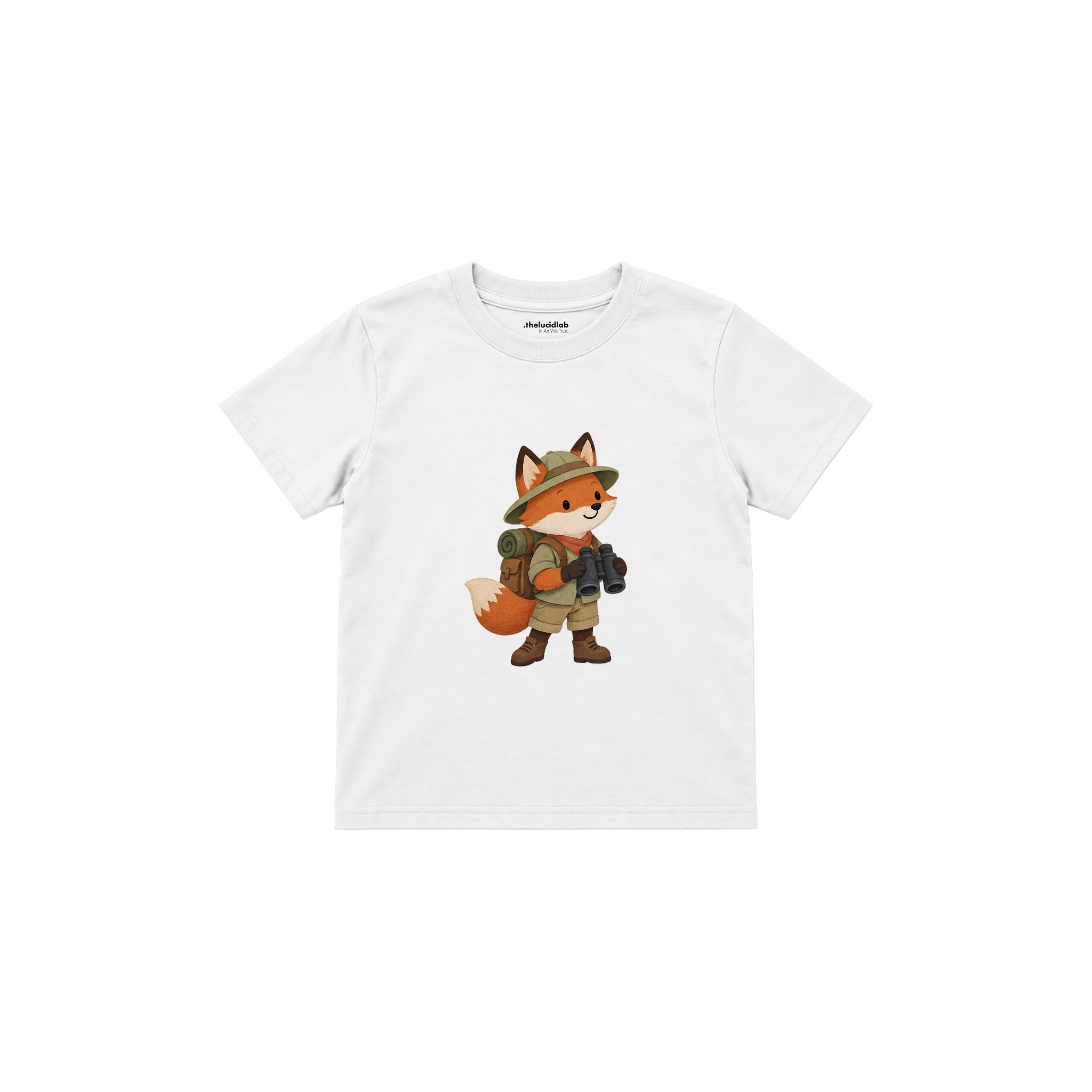 Fox with explorer backpack and binoculars Çocuk Tişört — Beyaz — ön görünüm
