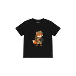 Fox with explorer backpack and binoculars Çocuk Tişört — Siyah — ön görünüm