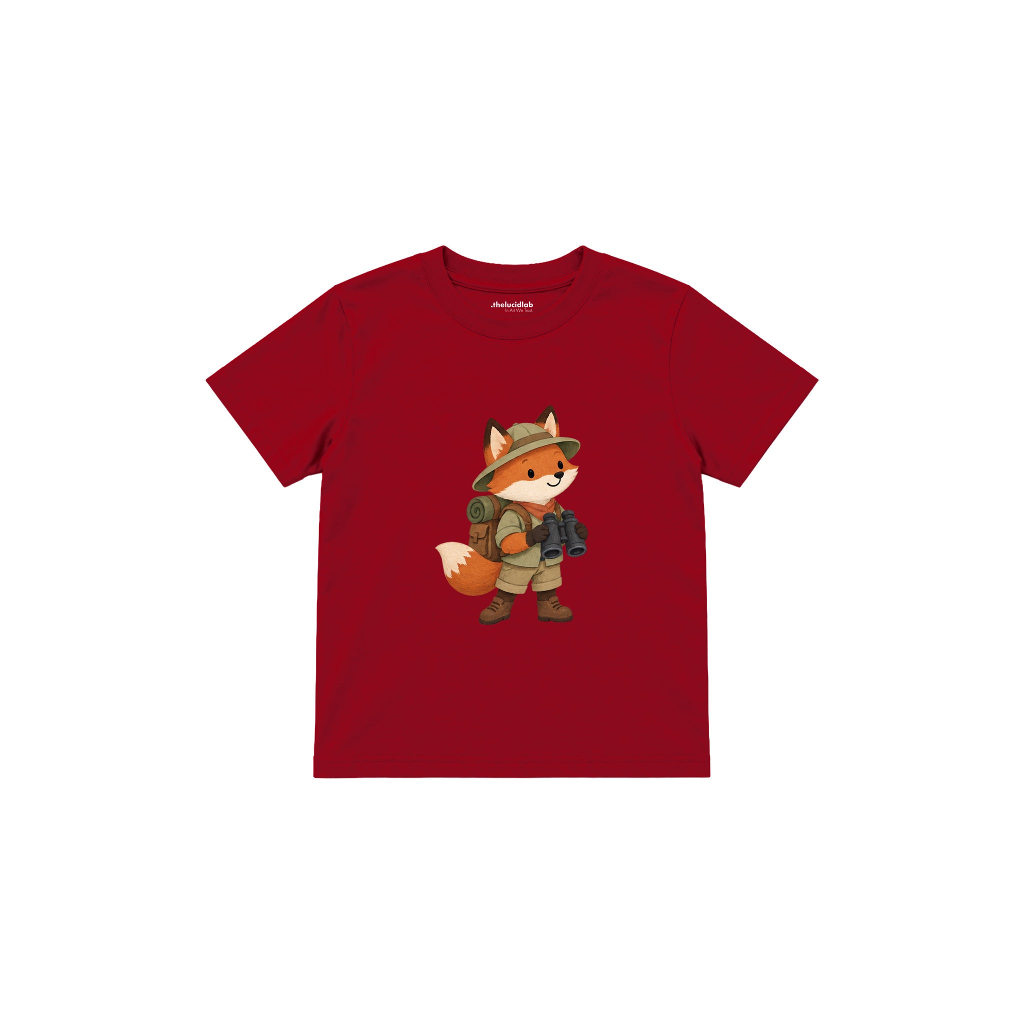 Fox with explorer backpack and binoculars Çocuk Tişört — Kırmızı — ön görünüm
