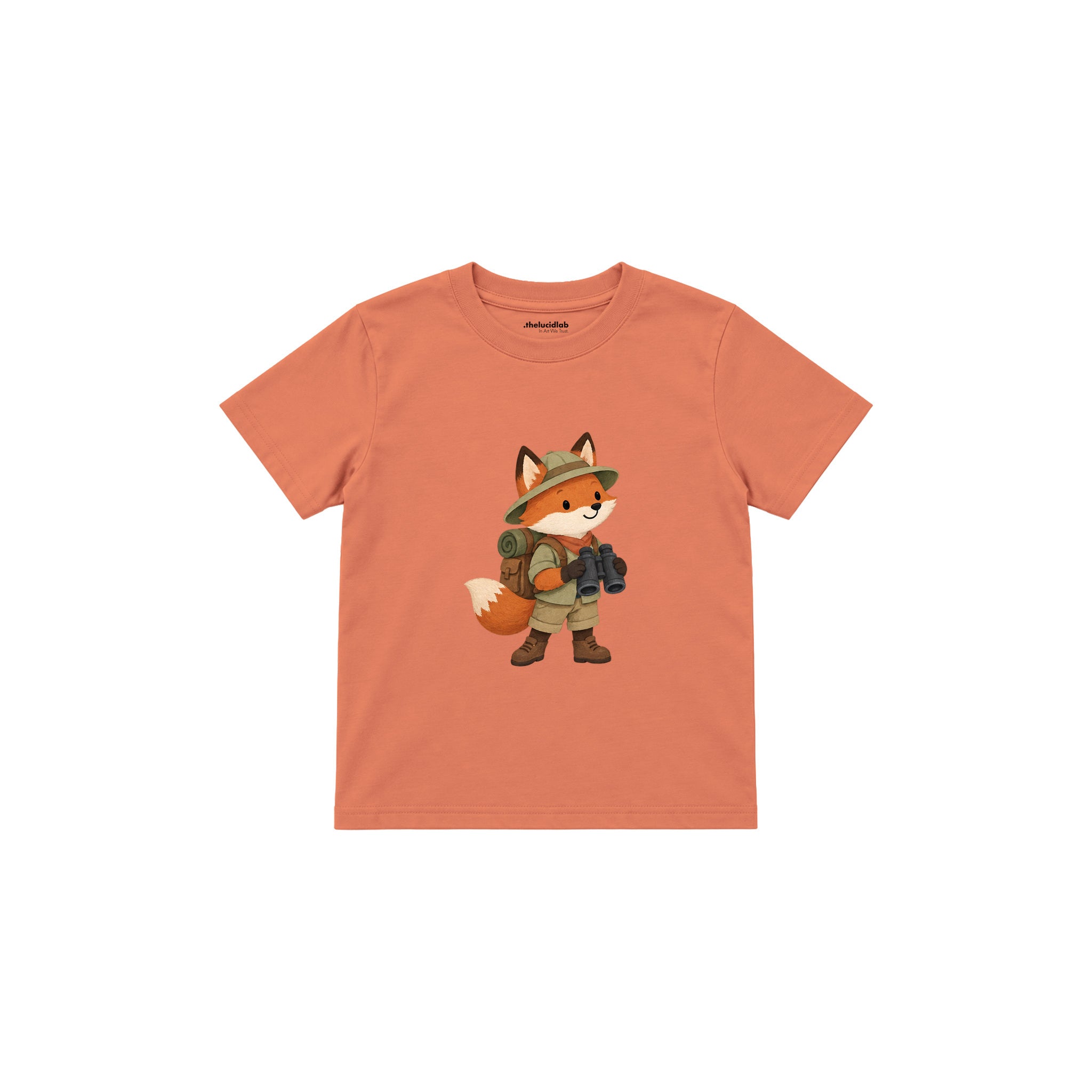 Fox with explorer backpack and binoculars Çocuk Tişört — Somon — ön görünüm