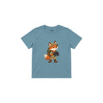 Fox with explorer backpack and binoculars Çocuk Tişört — Çelik Mavi — ön görünüm