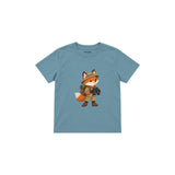 Fox with explorer backpack and binoculars Çocuk Tişört — Çelik Mavi — ön görünüm